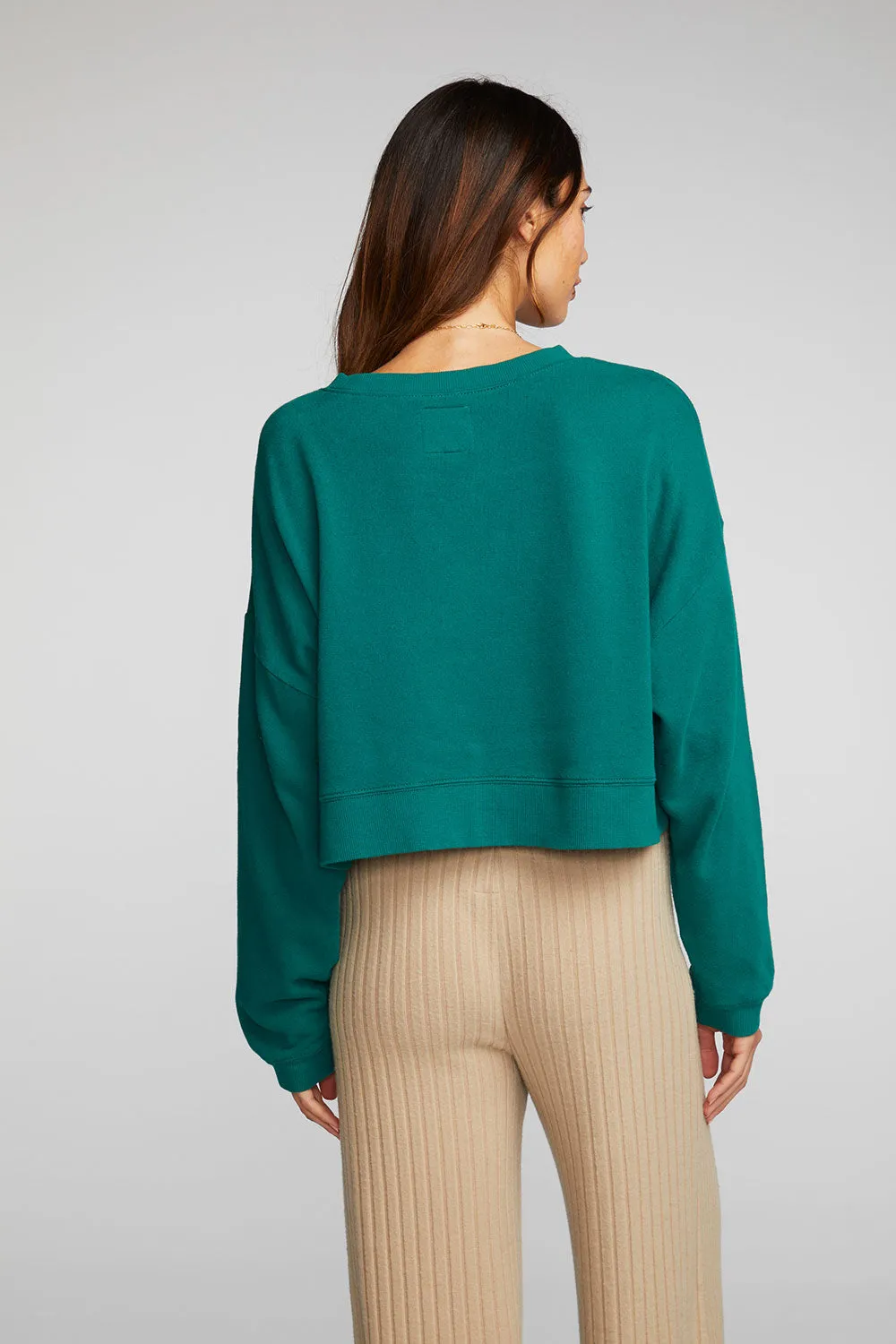 Cotton Fleece Cropped Crewneck Pullover with Rib