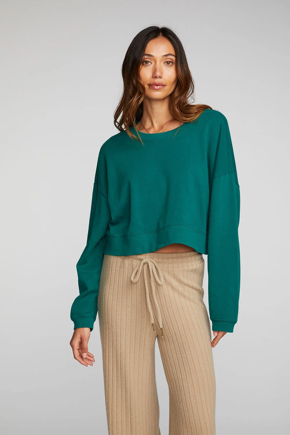 Cotton Fleece Cropped Crewneck Pullover with Rib