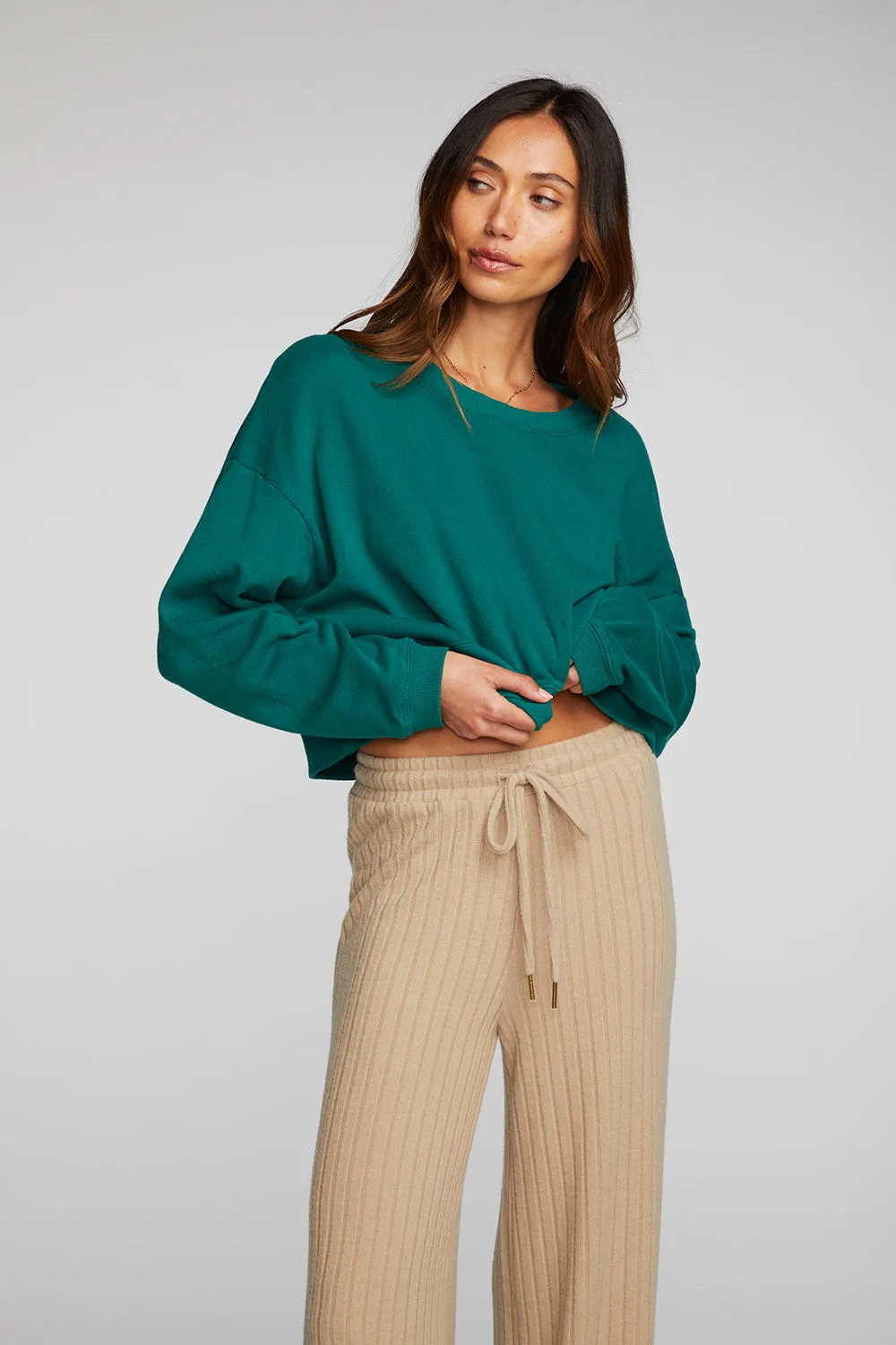 Cotton Fleece Cropped Crewneck Pullover with Rib