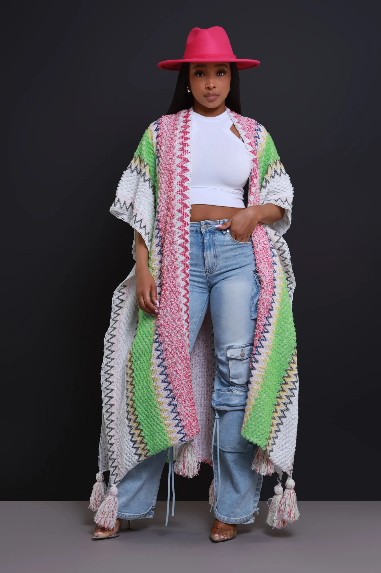 Create Change Longline Knit Cardigan - Pink/Green Multicolor