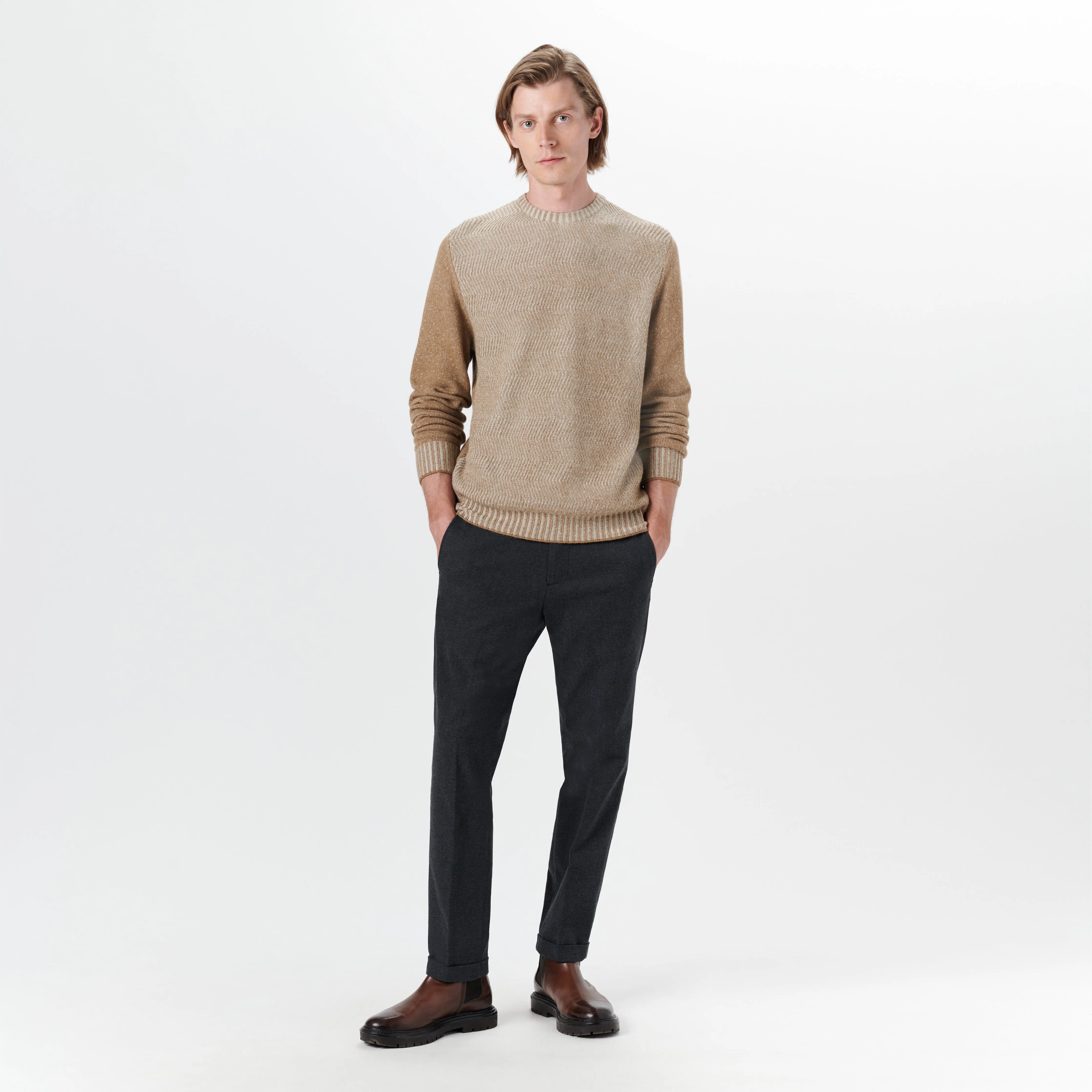 Crew Neck Herringbone Jacquard Sweater