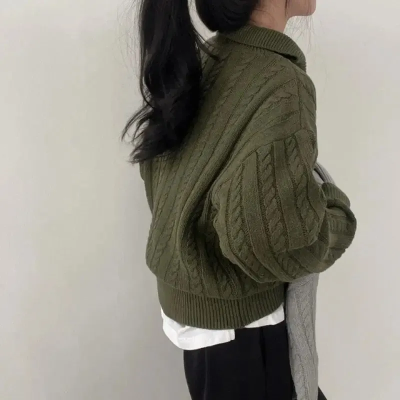 Deeptown Vintage Half Zipper Women Sweaters Korean Fashion Long Sleeve Knitted Pullover Loose Casual Thermal Knitwear Autumn