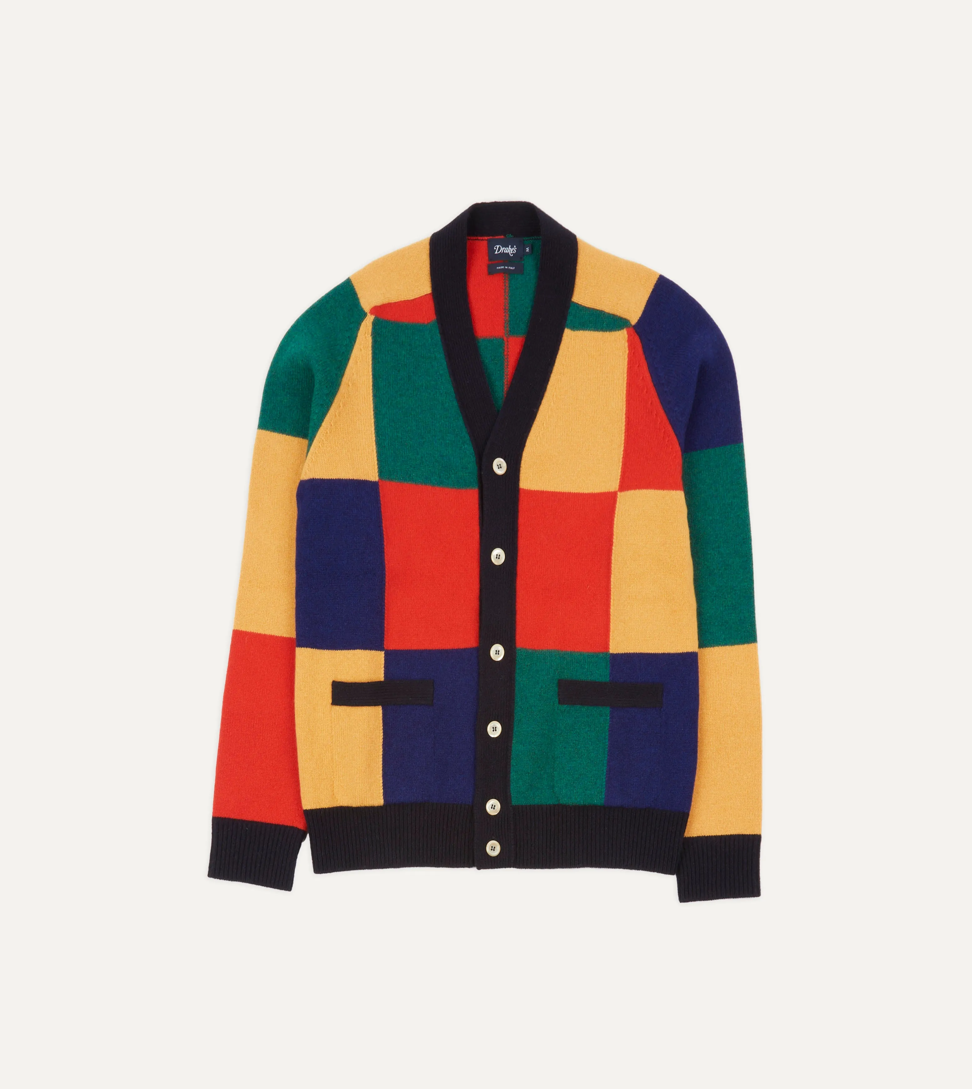 Drake's Patchwork Cardigan / Gold, Red & Navy