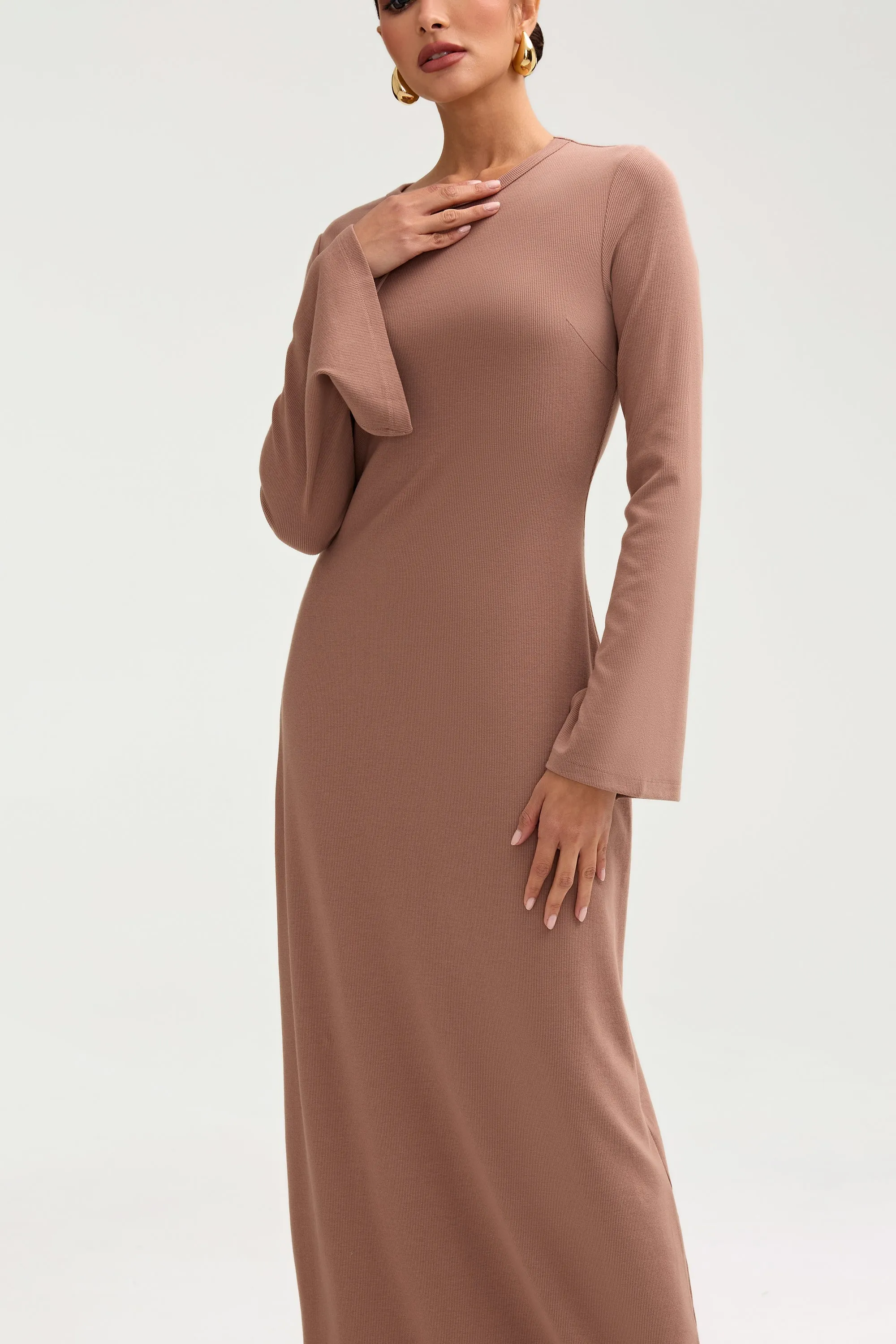 Ella Ribbed Split Cuff Maxi Dress - Brownie