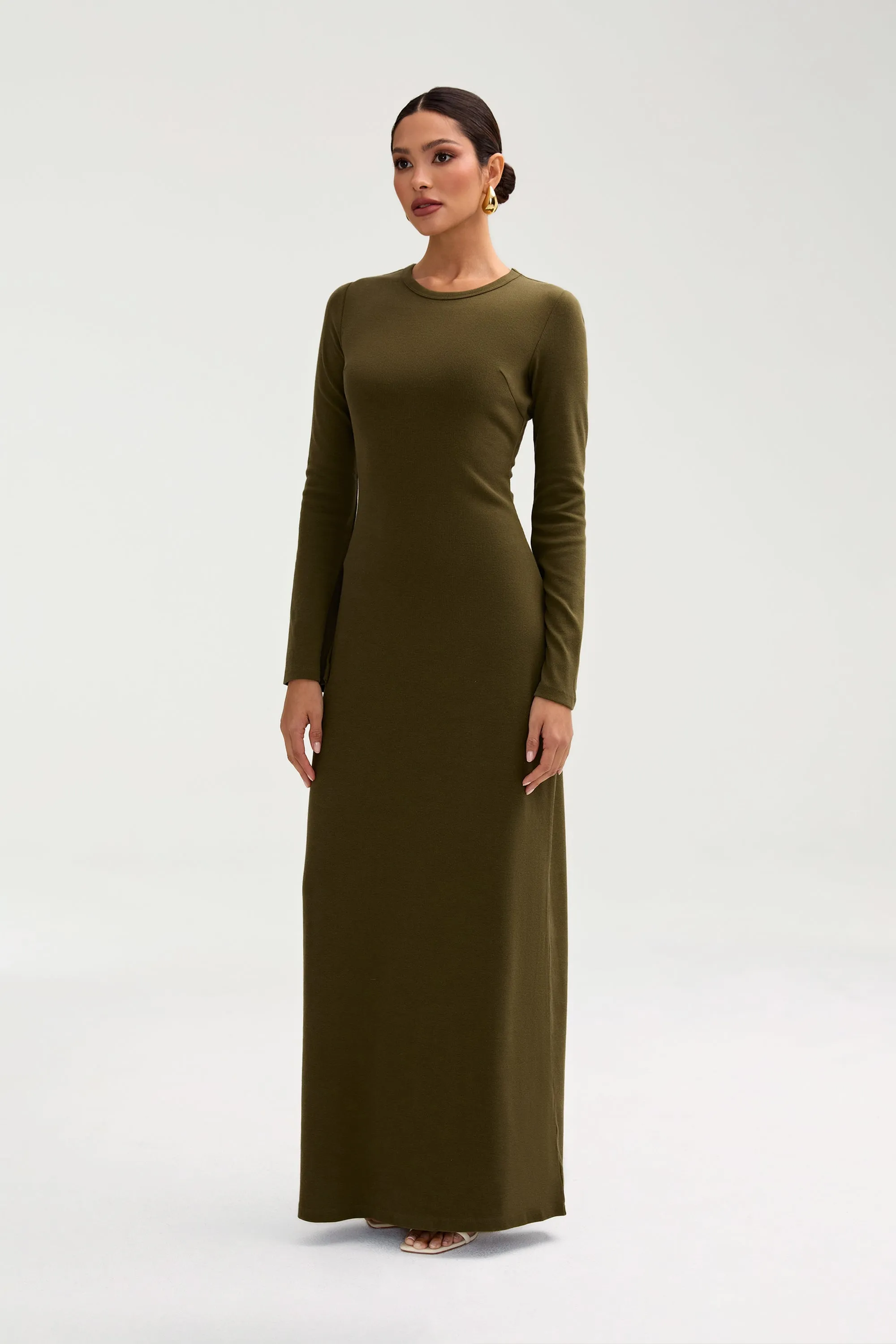 Ella Ribbed Split Cuff Maxi Dress - Olive Night