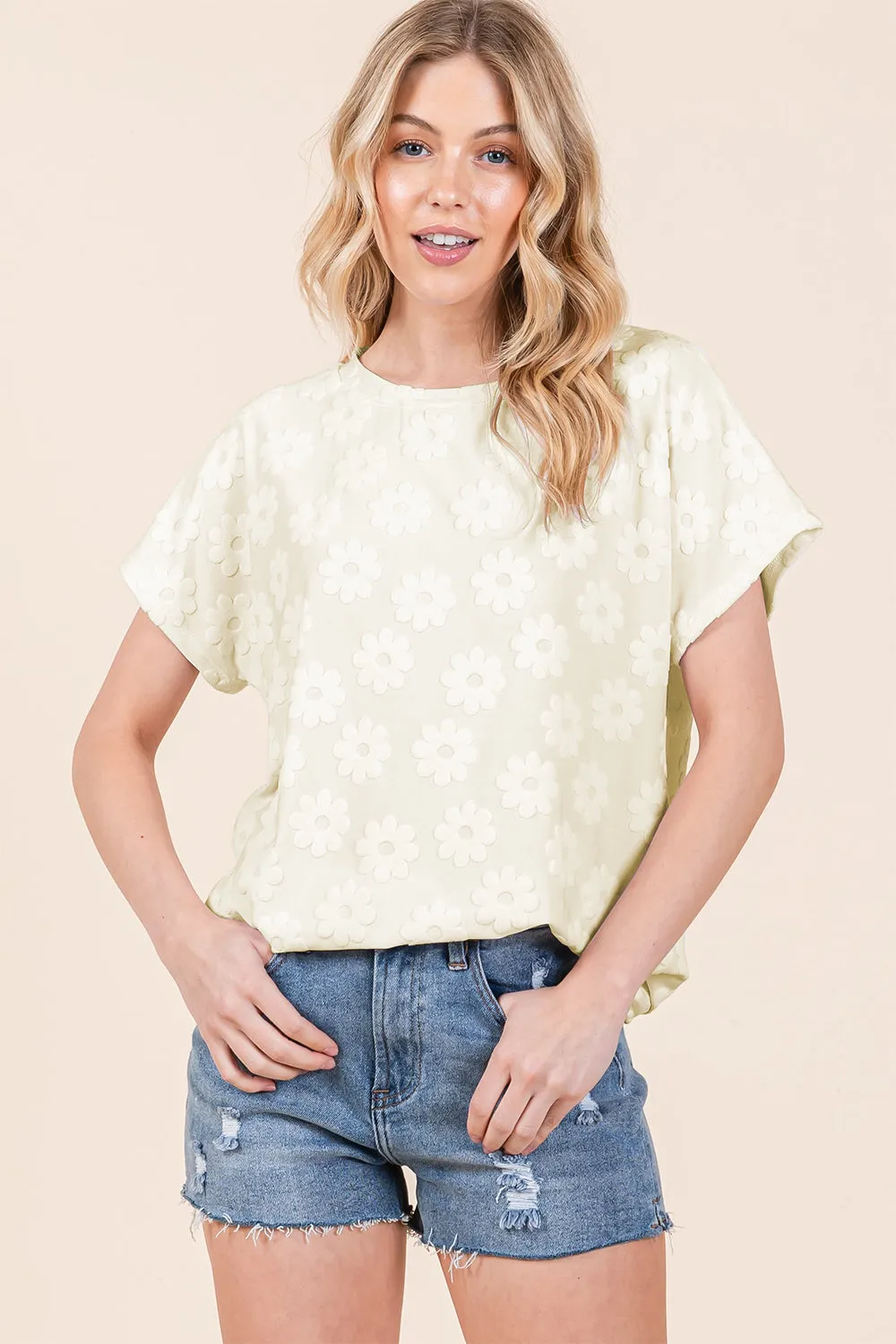 Explore More Collection - BOMBOM Textured Floral Pattern Short Sleeve T-Shirt