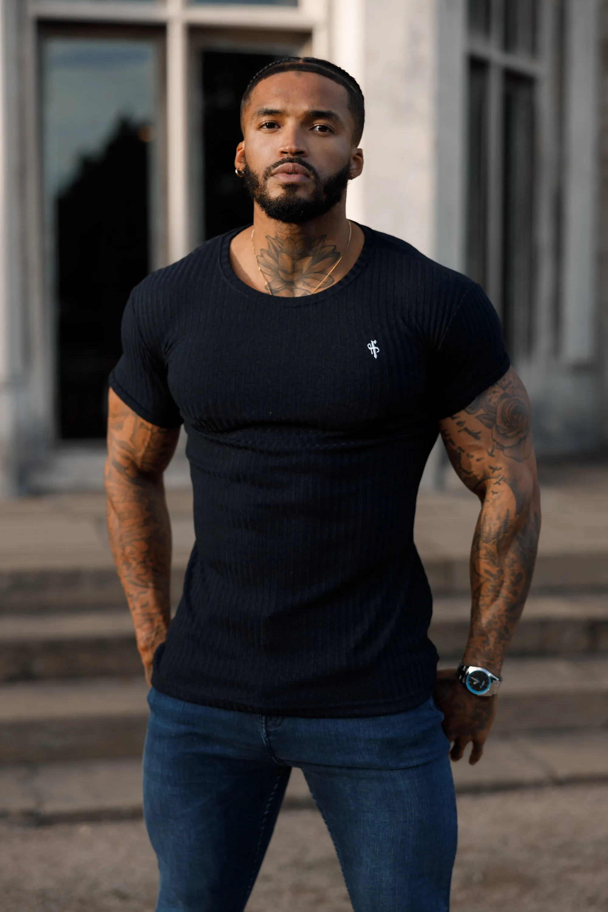 Father Sons Classic Dark Navy Ribbed Knit Super Slim Short Sleeve Crew With White Emblem - FSH772