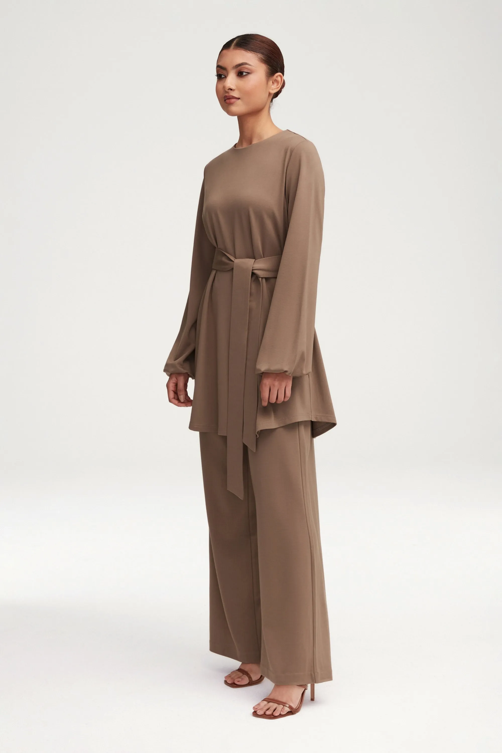 Fatima Everyday Belted Jersey Top - Dark Taupe