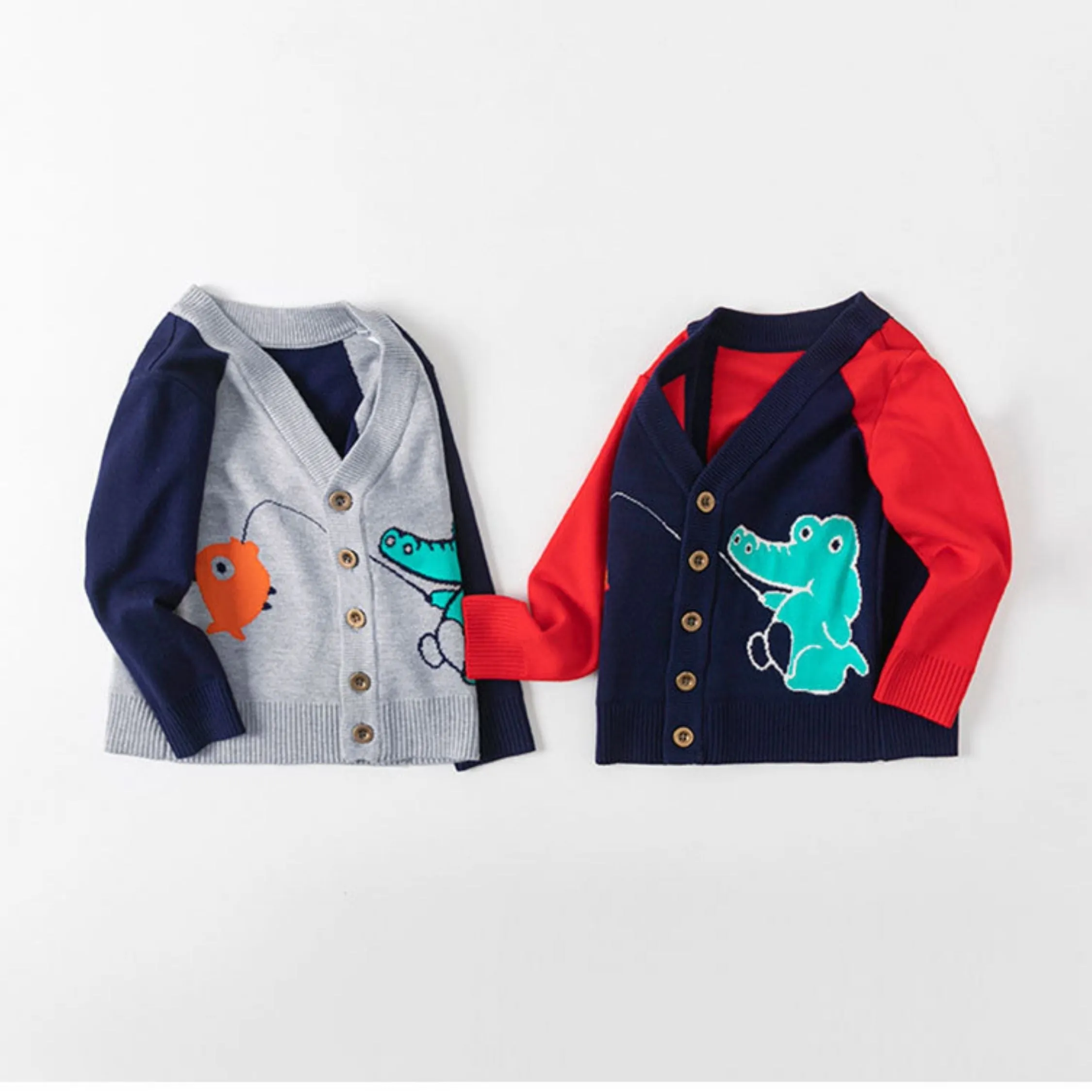 Full Sleeve Cute Alligator Theme Boys Cardigan, Mulitcolours