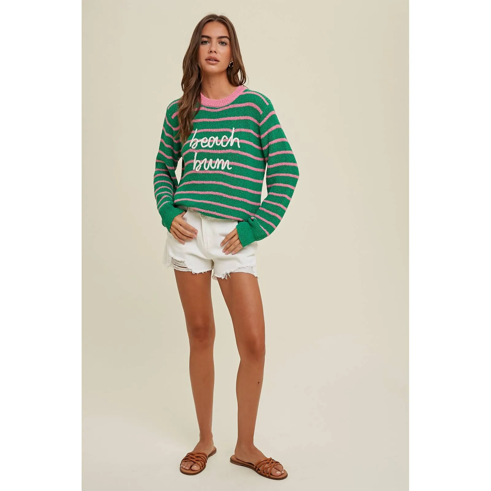 GREEN AND PINK STRIPED "BEACH BUM" LIGHTWEIGHT SWEATER