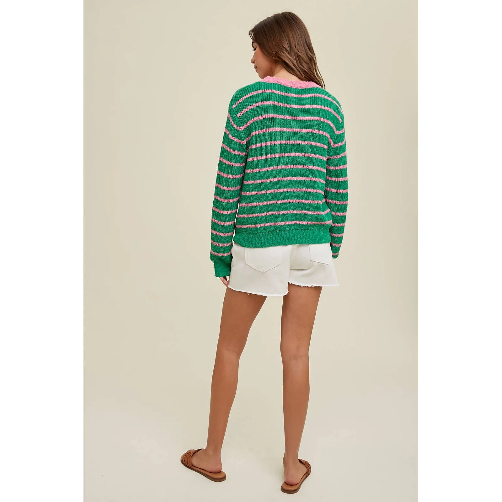 GREEN AND PINK STRIPED "BEACH BUM" LIGHTWEIGHT SWEATER