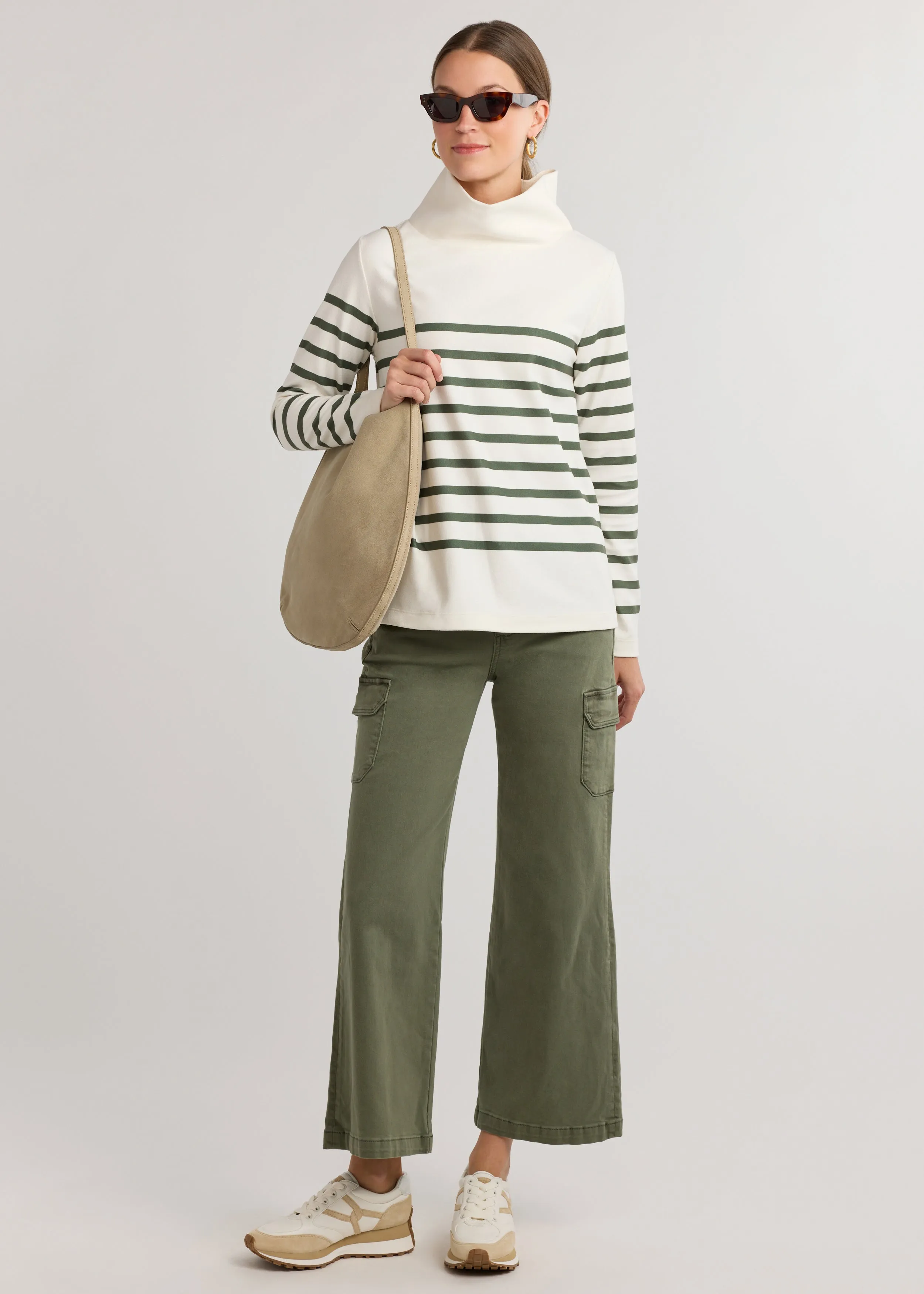 Greenpoint Turtleneck in Terry Fleece (Cream/Army Green Placed Stripe)