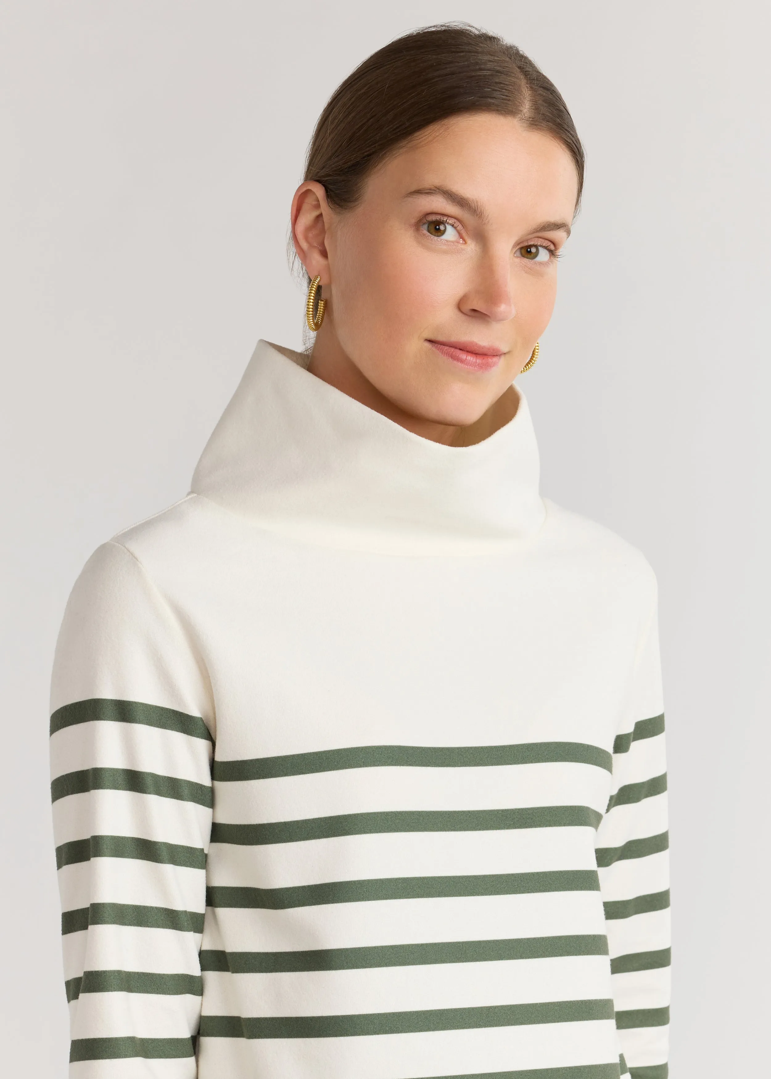 Greenpoint Turtleneck in Terry Fleece (Cream/Army Green Placed Stripe)