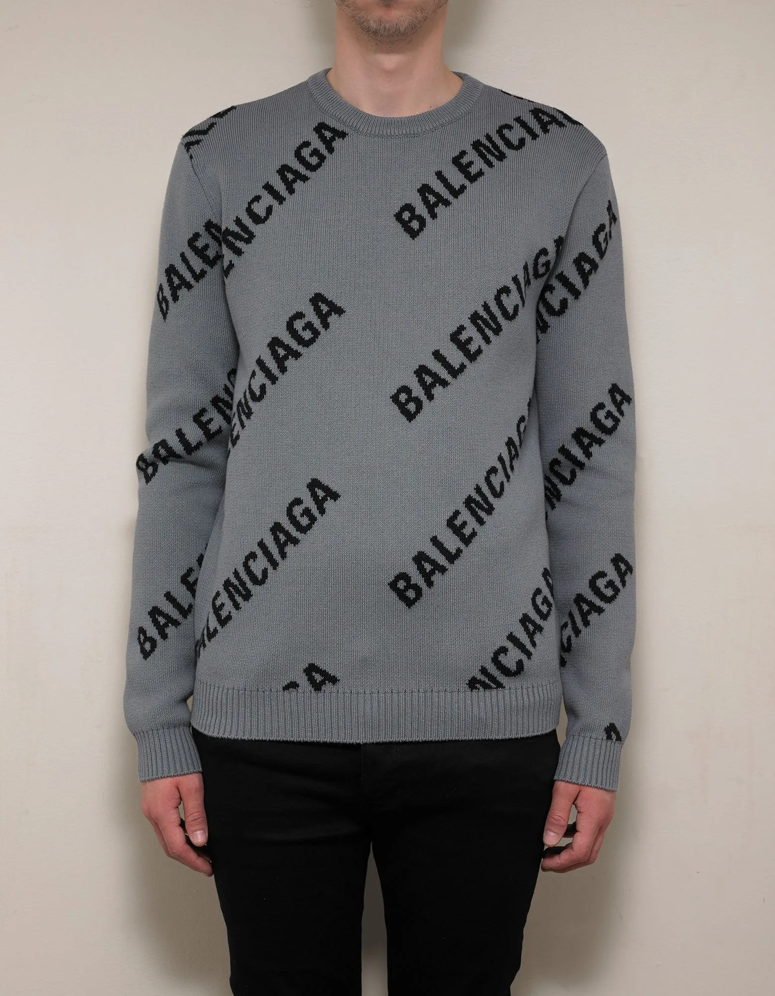 Grey Logo Jacquard Crew Neck Sweater