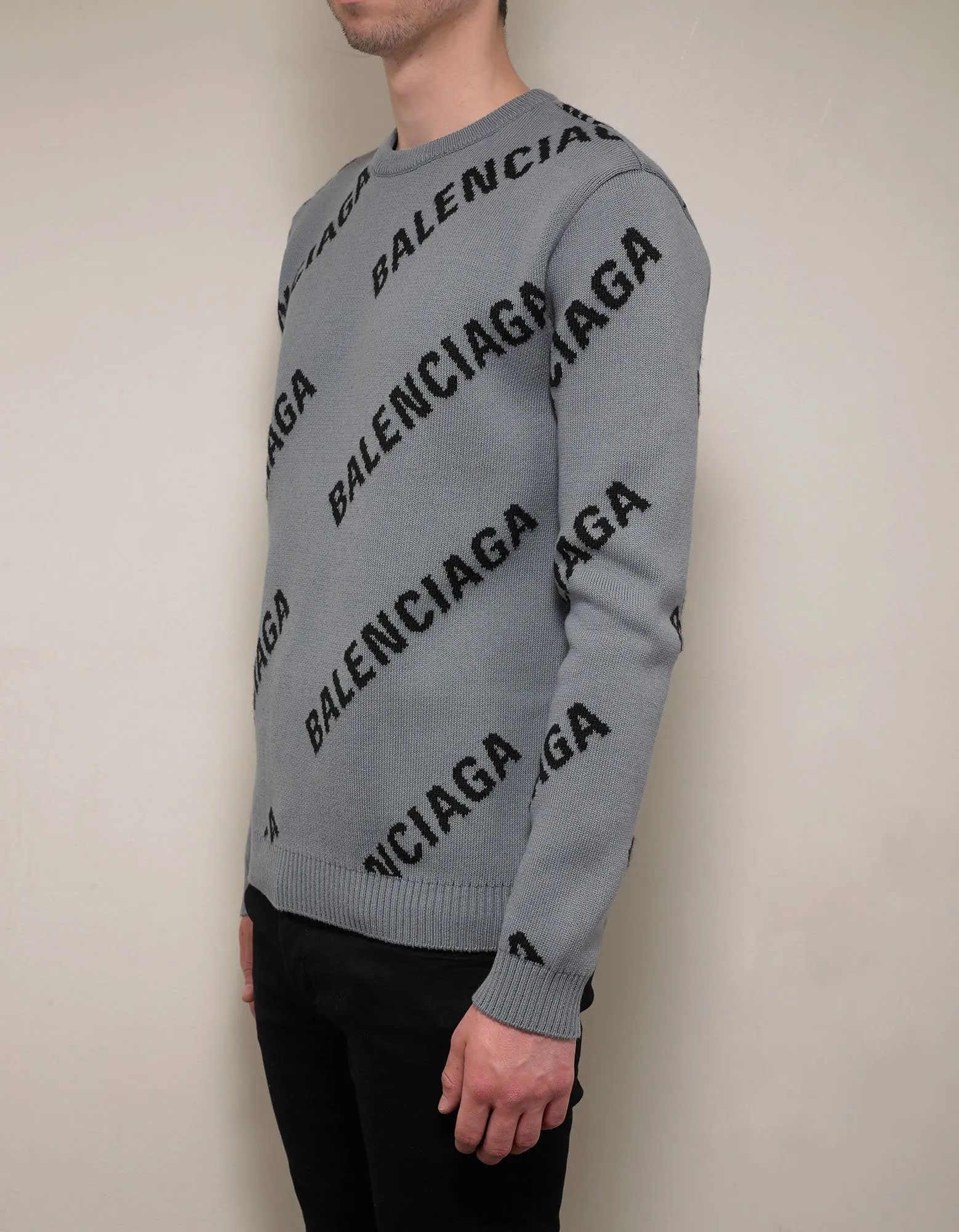 Grey Logo Jacquard Crew Neck Sweater