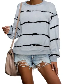 Grey Striped Crew Neck Drop Shoulder Pullover Sweater