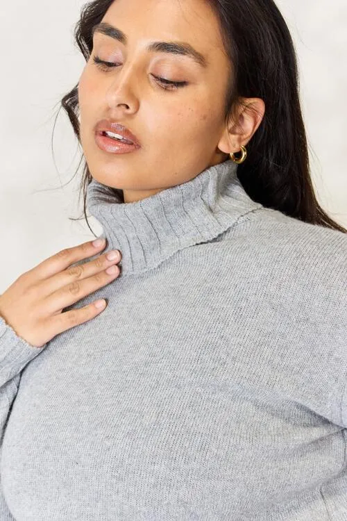 Grey Turtleneck Long Sleeve Slit Sweater