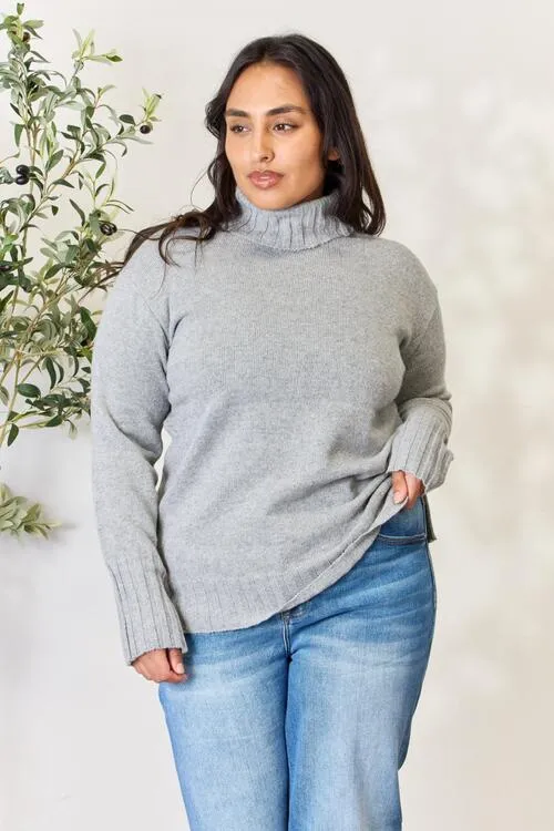 Grey Turtleneck Long Sleeve Slit Sweater