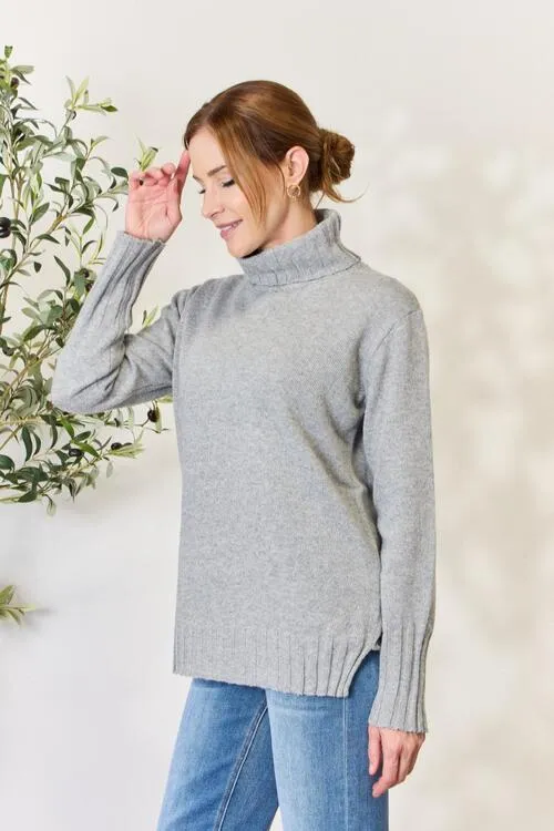 Grey Turtleneck Long Sleeve Slit Sweater