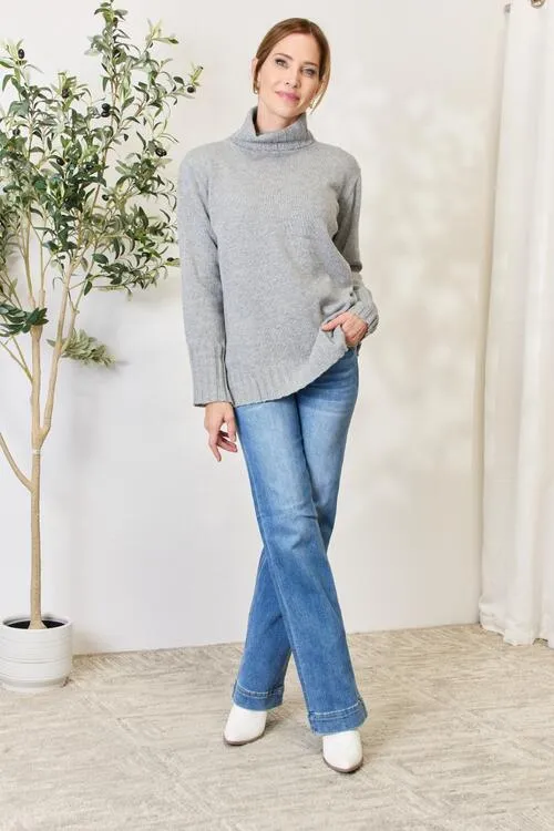 Grey Turtleneck Long Sleeve Slit Sweater