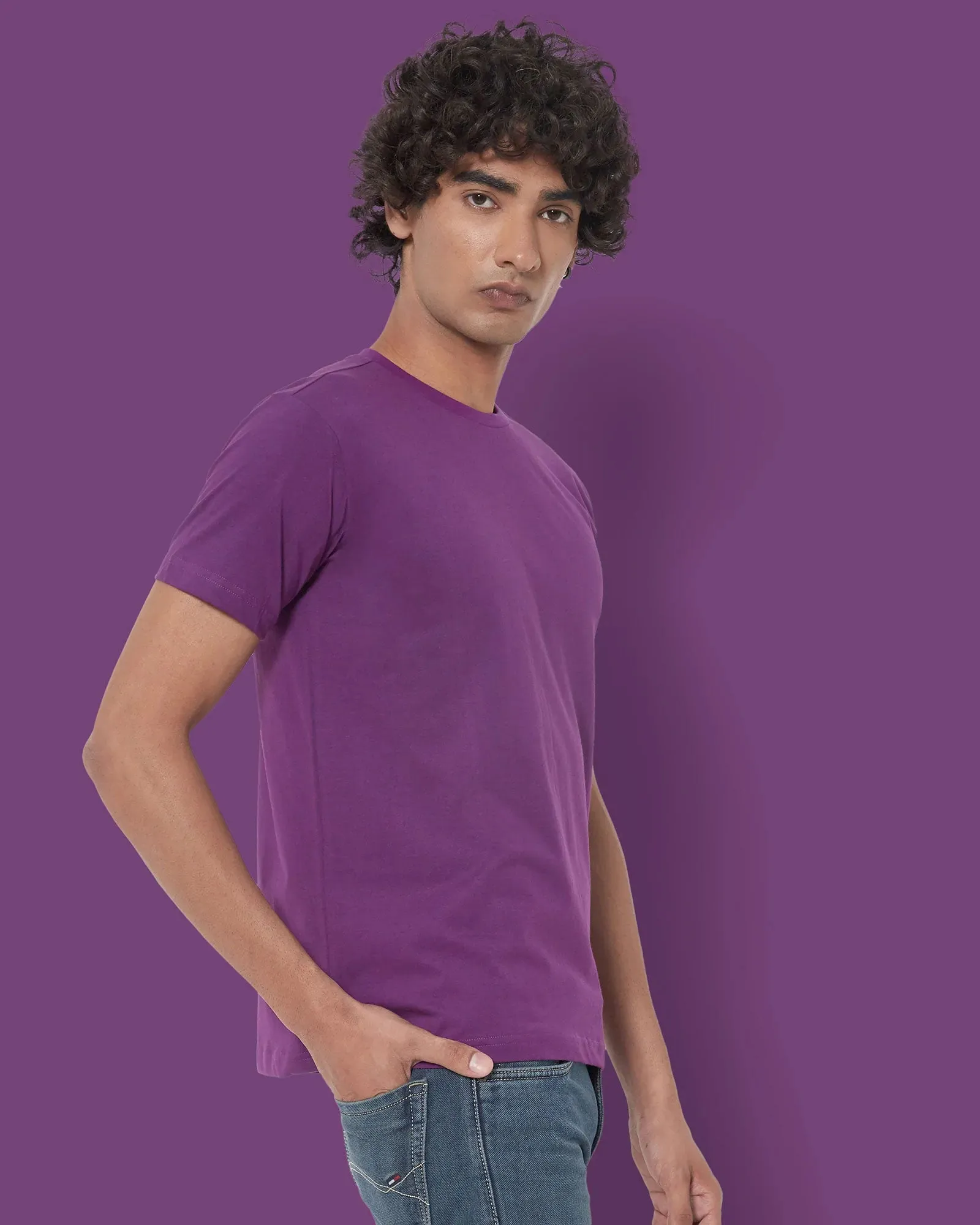 Half Sleeves Crew Neck: Eggplant Purple