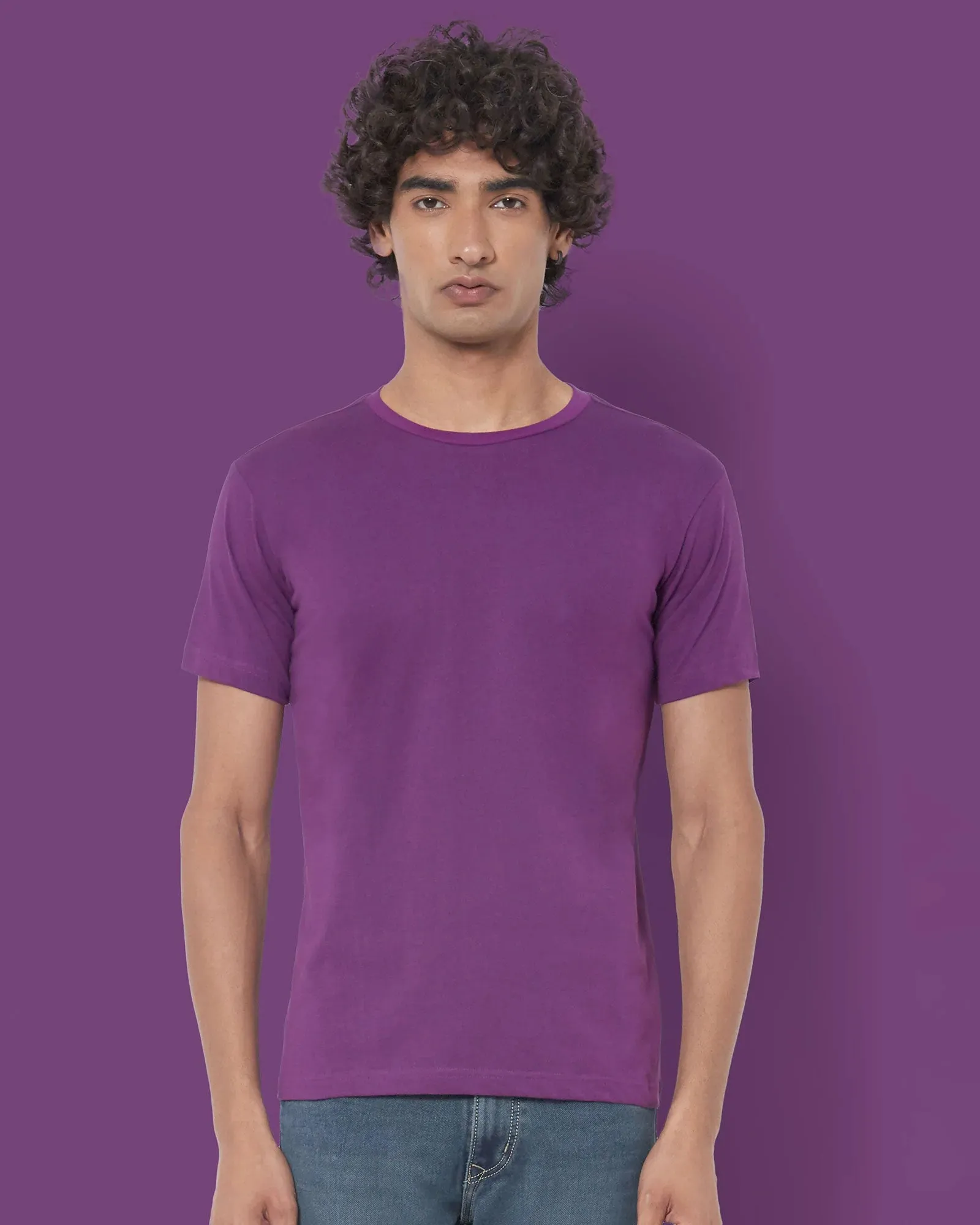 Half Sleeves Crew Neck: Eggplant Purple