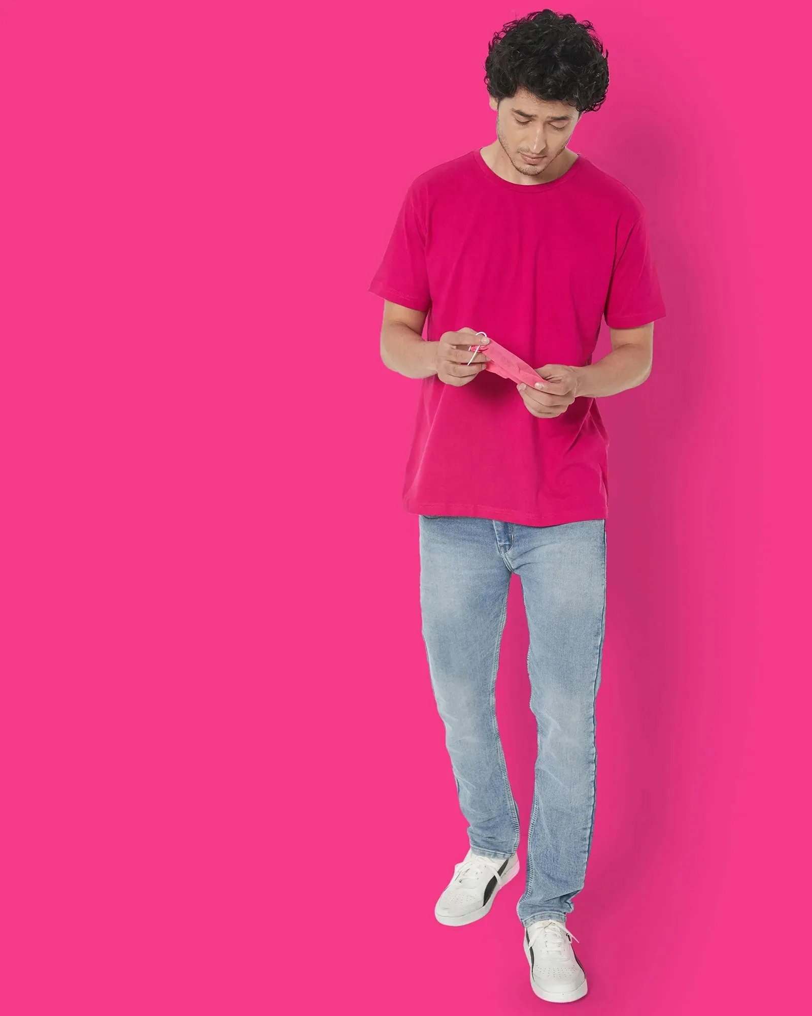 Half Sleeves Crew Neck: Fuchsia