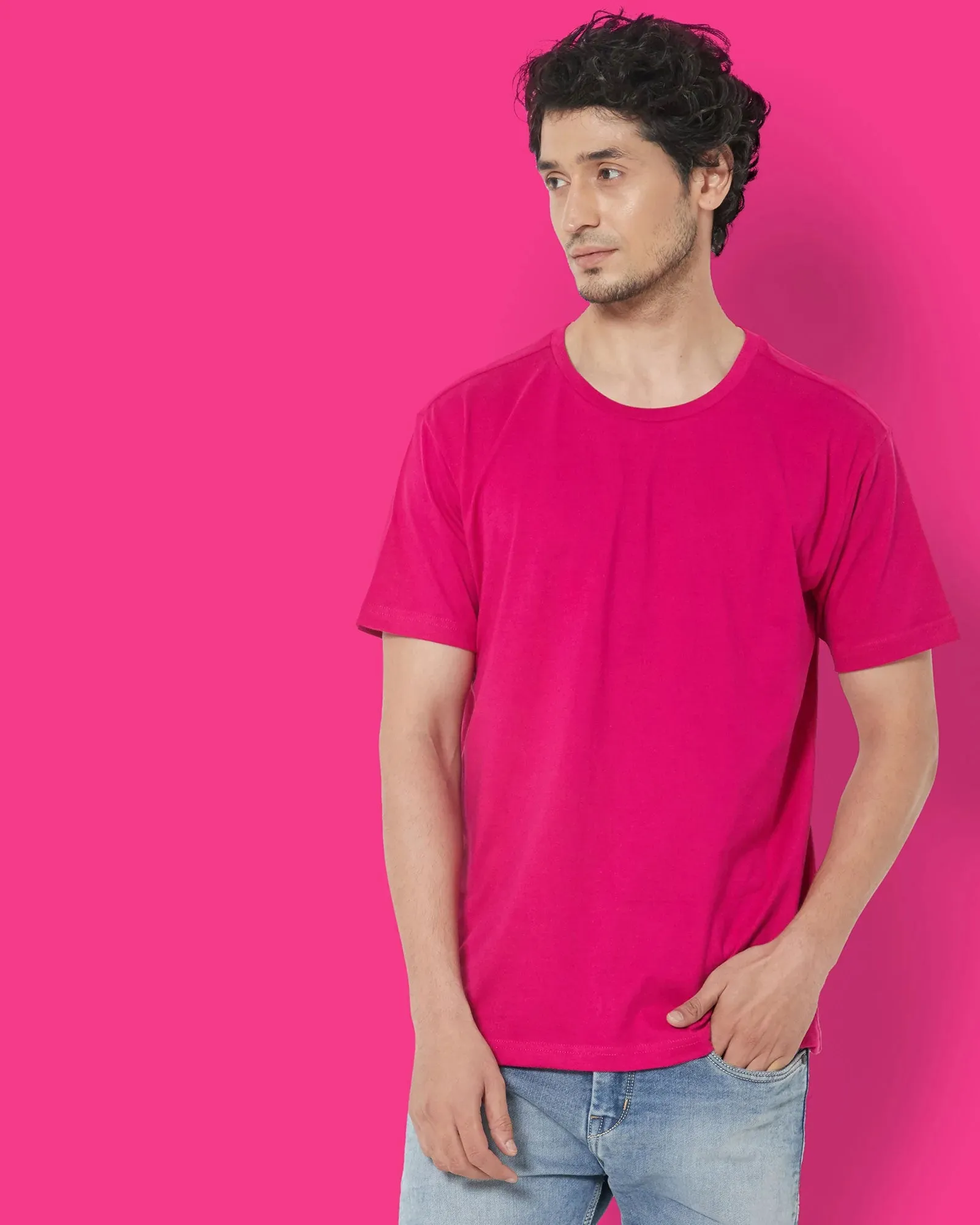 Half Sleeves Crew Neck: Fuchsia