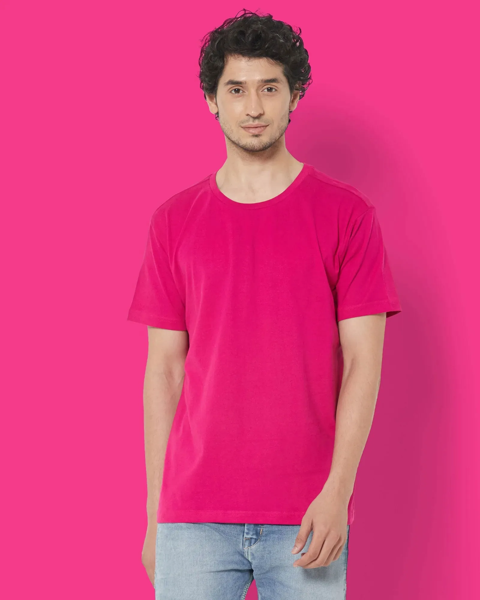 Half Sleeves Crew Neck: Fuchsia