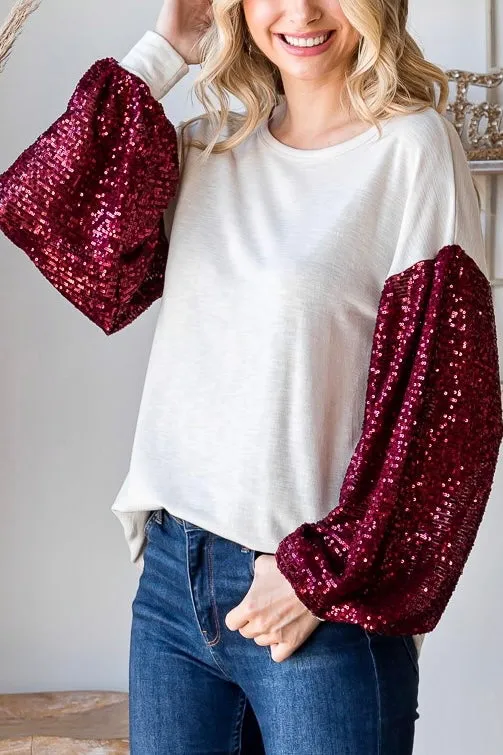 Holiday Sequin Balloon Sleeve Top- Cream/Red