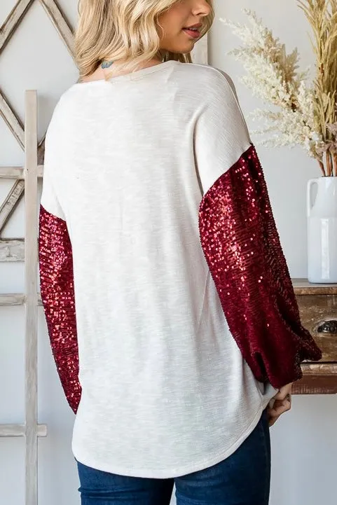 Holiday Sequin Balloon Sleeve Top- Cream/Red