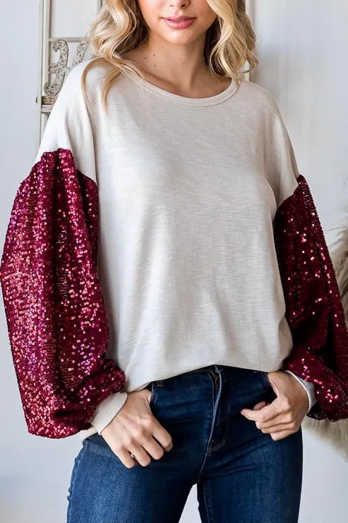 Holiday Sequin Balloon Sleeve Top- Cream/Red