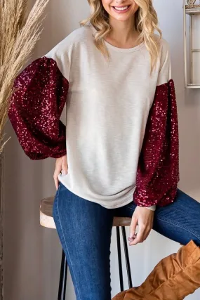 Holiday Sequin Balloon Sleeve Top- Cream/Red