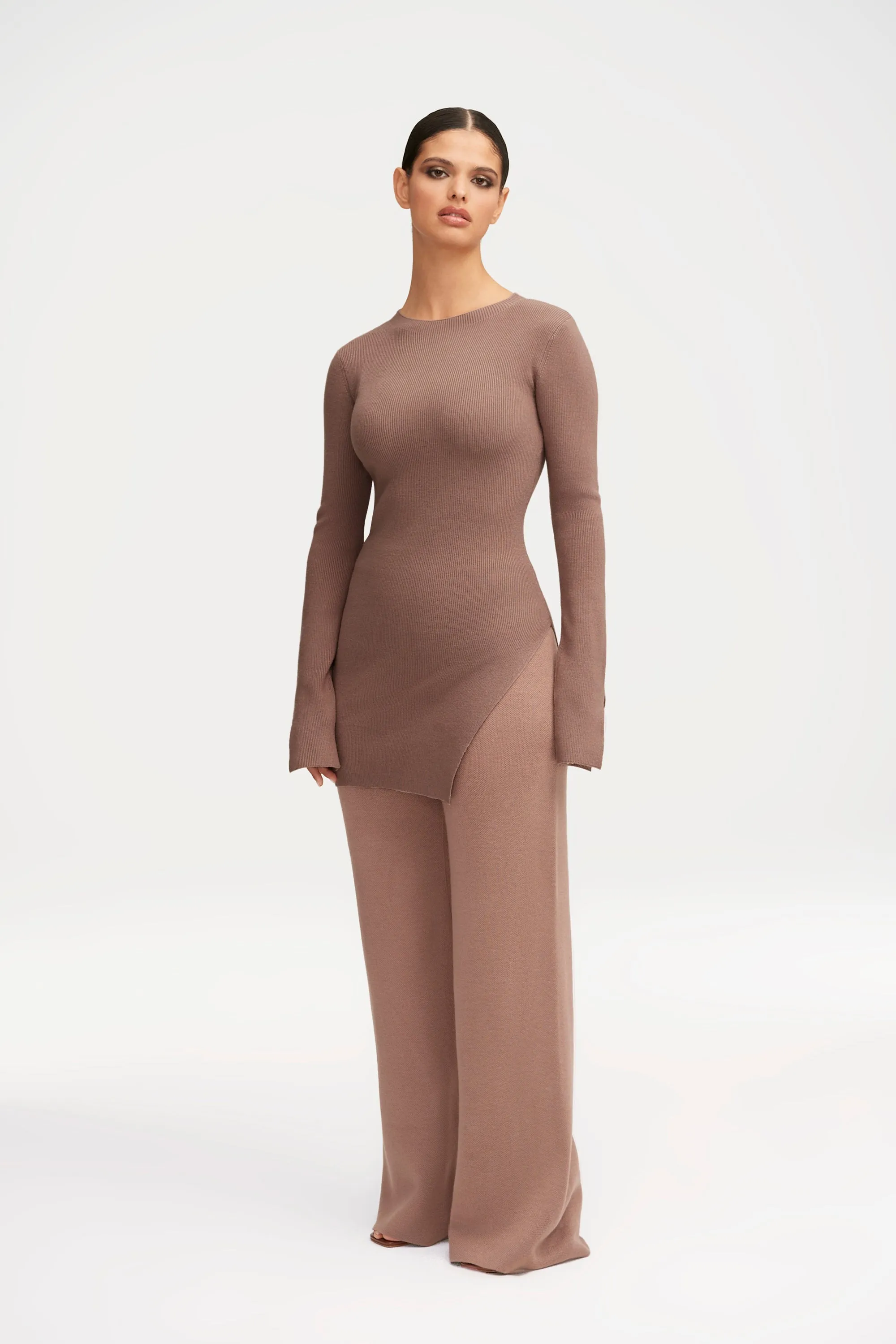 Inaya Ribbed Side Slit Top - Taupe