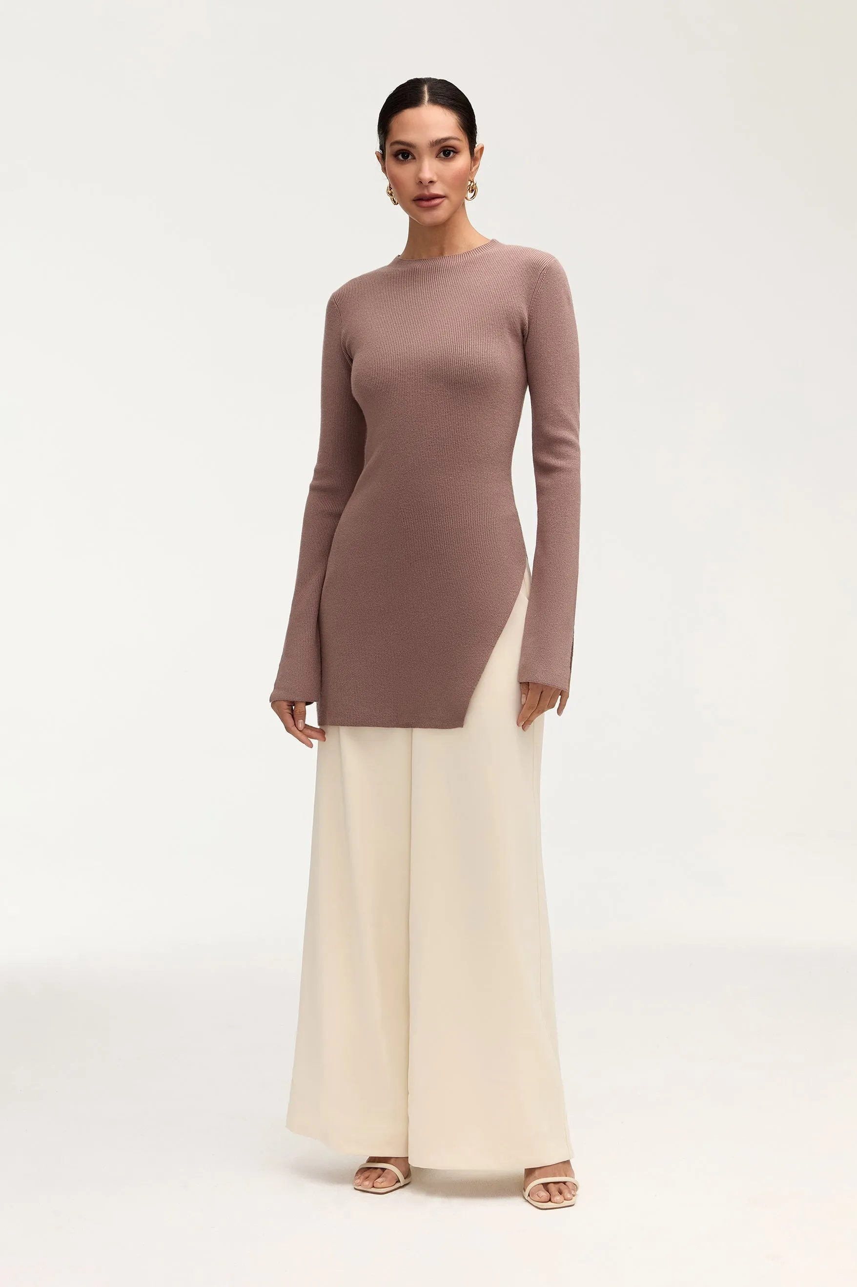 Inaya Ribbed Side Slit Top - Taupe