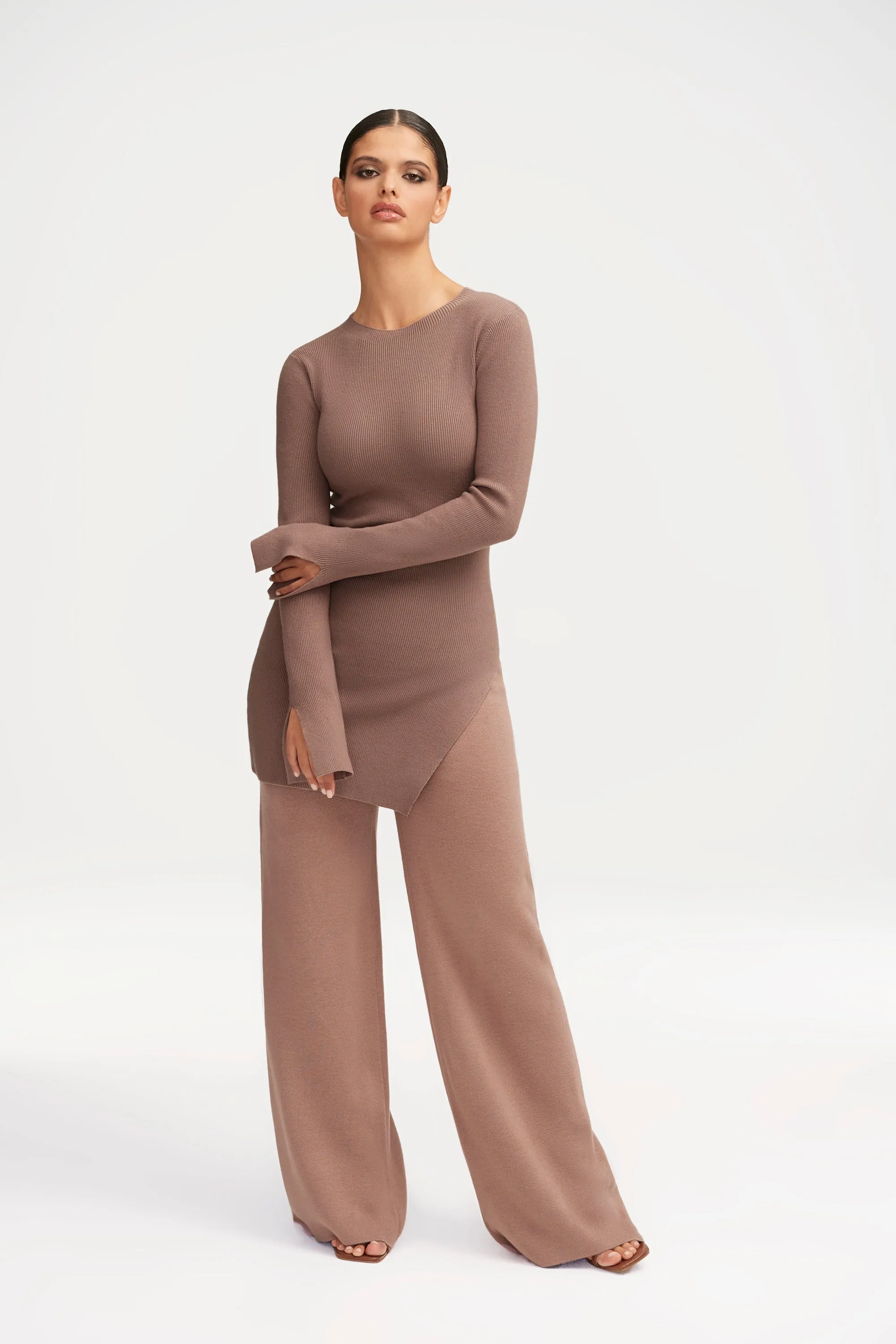 Inaya Ribbed Side Slit Top - Taupe