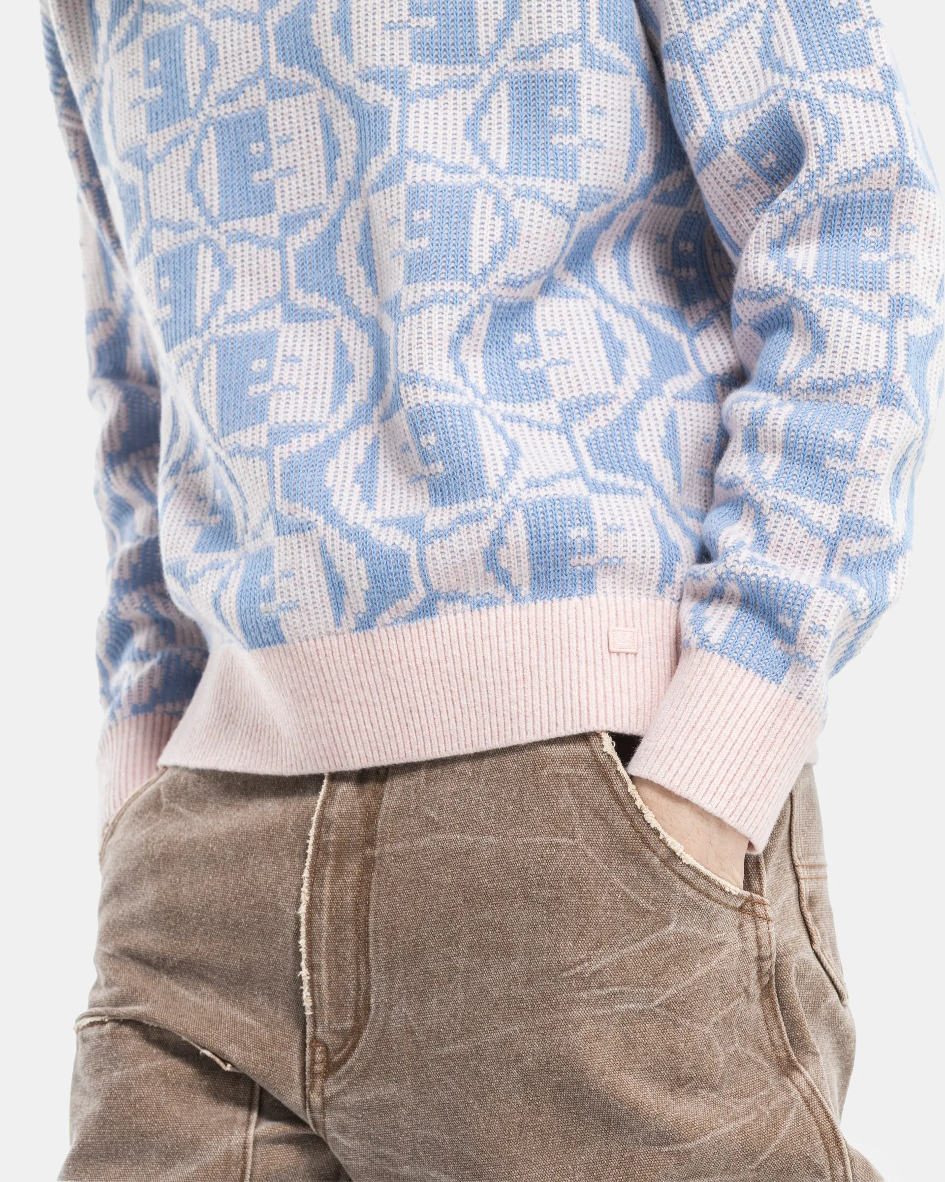 Jacquard Crew Neck Jumper in Faded Pink Melange and Light Blue