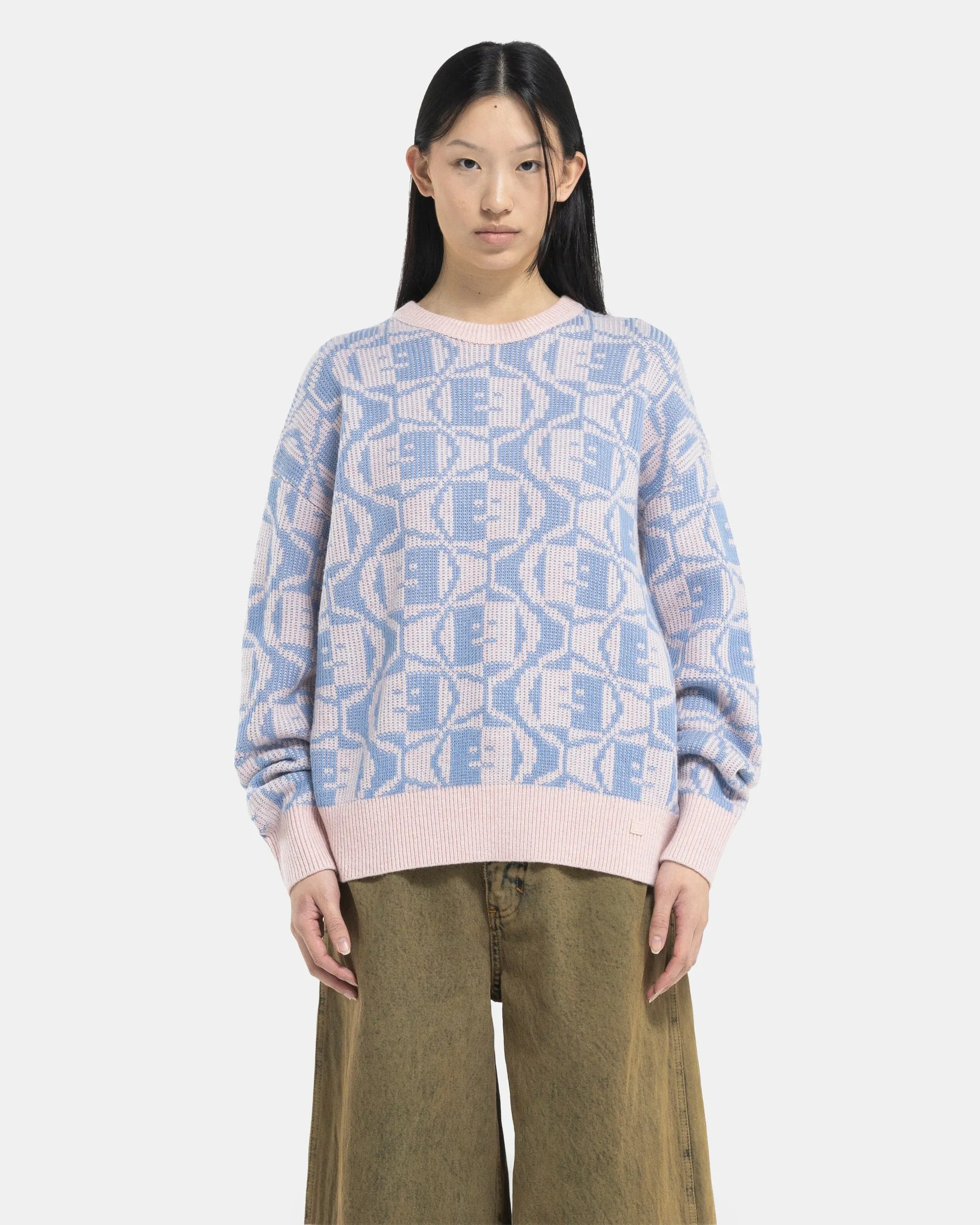 Jacquard Crew Neck Jumper in Faded Pink Melange and Light Blue