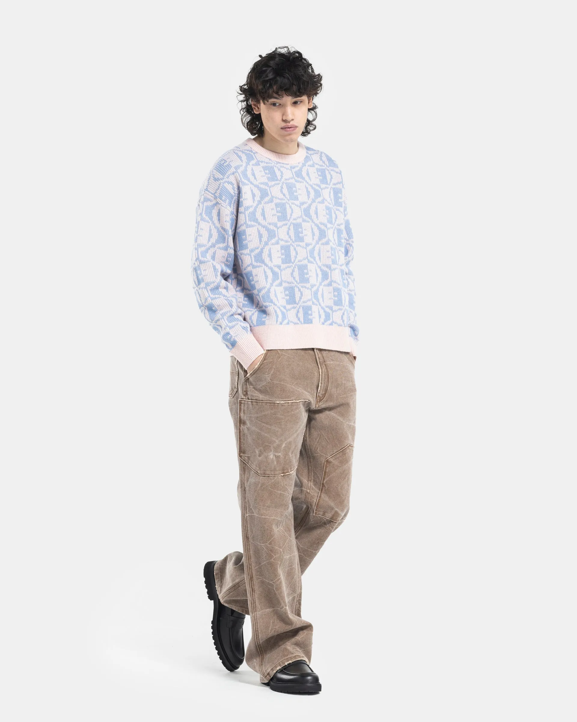 Jacquard Crew Neck Jumper in Faded Pink Melange and Light Blue