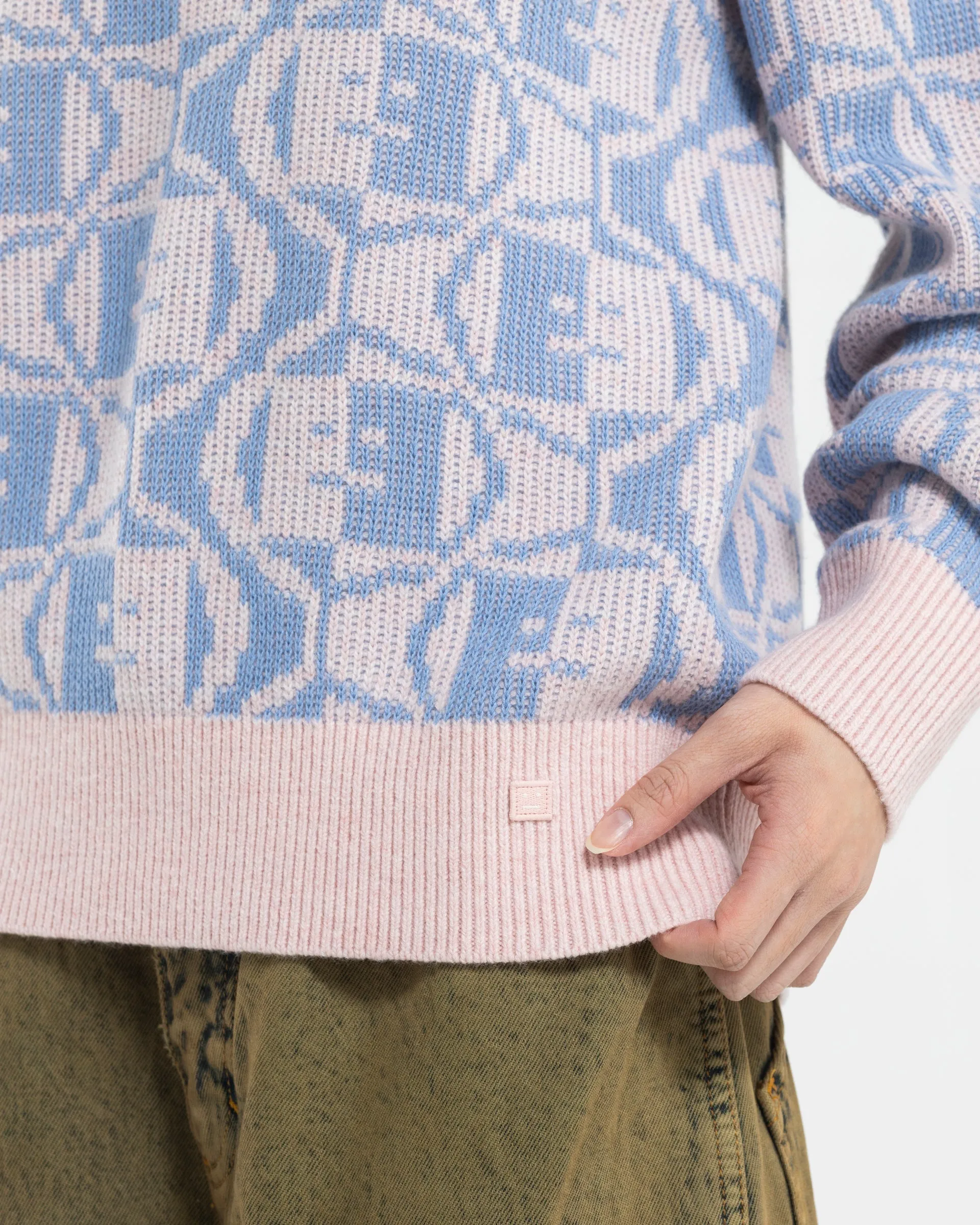 Jacquard Crew Neck Jumper in Faded Pink Melange and Light Blue