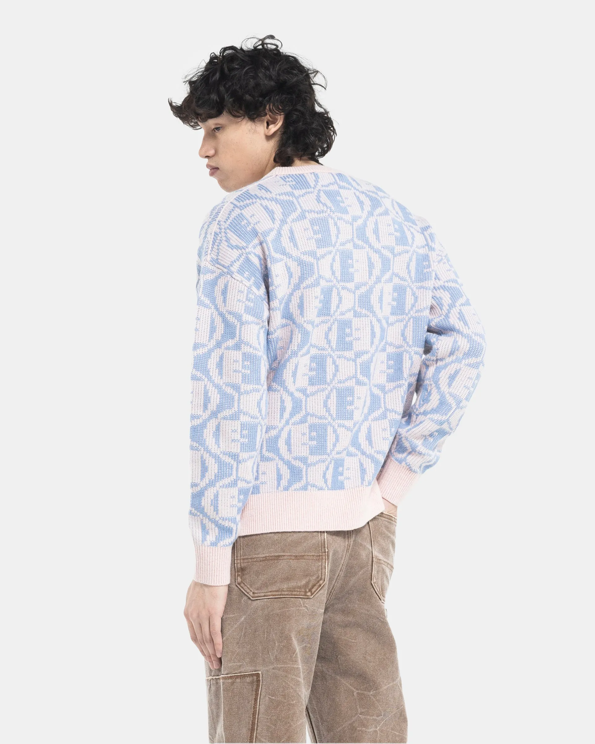 Jacquard Crew Neck Jumper in Faded Pink Melange and Light Blue