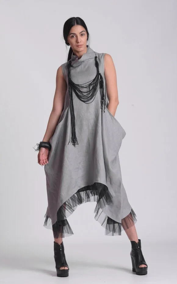 Linen Dress With Tulle Hem In Gray