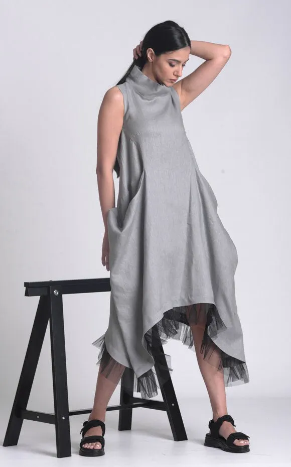 Linen Dress With Tulle Hem In Gray