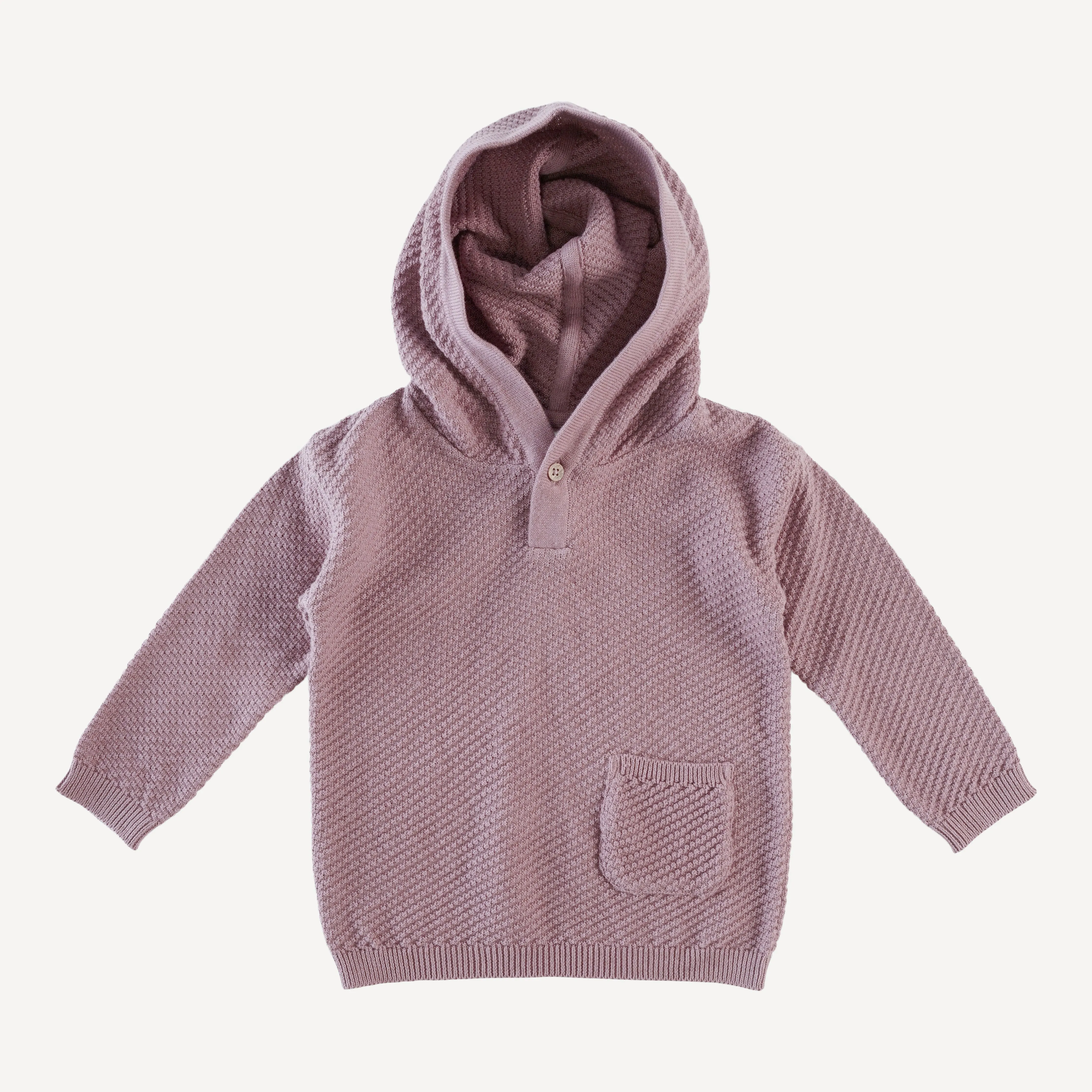 long sleeve hooded pocket sweater | dusty mauve | organic cotton moss knit