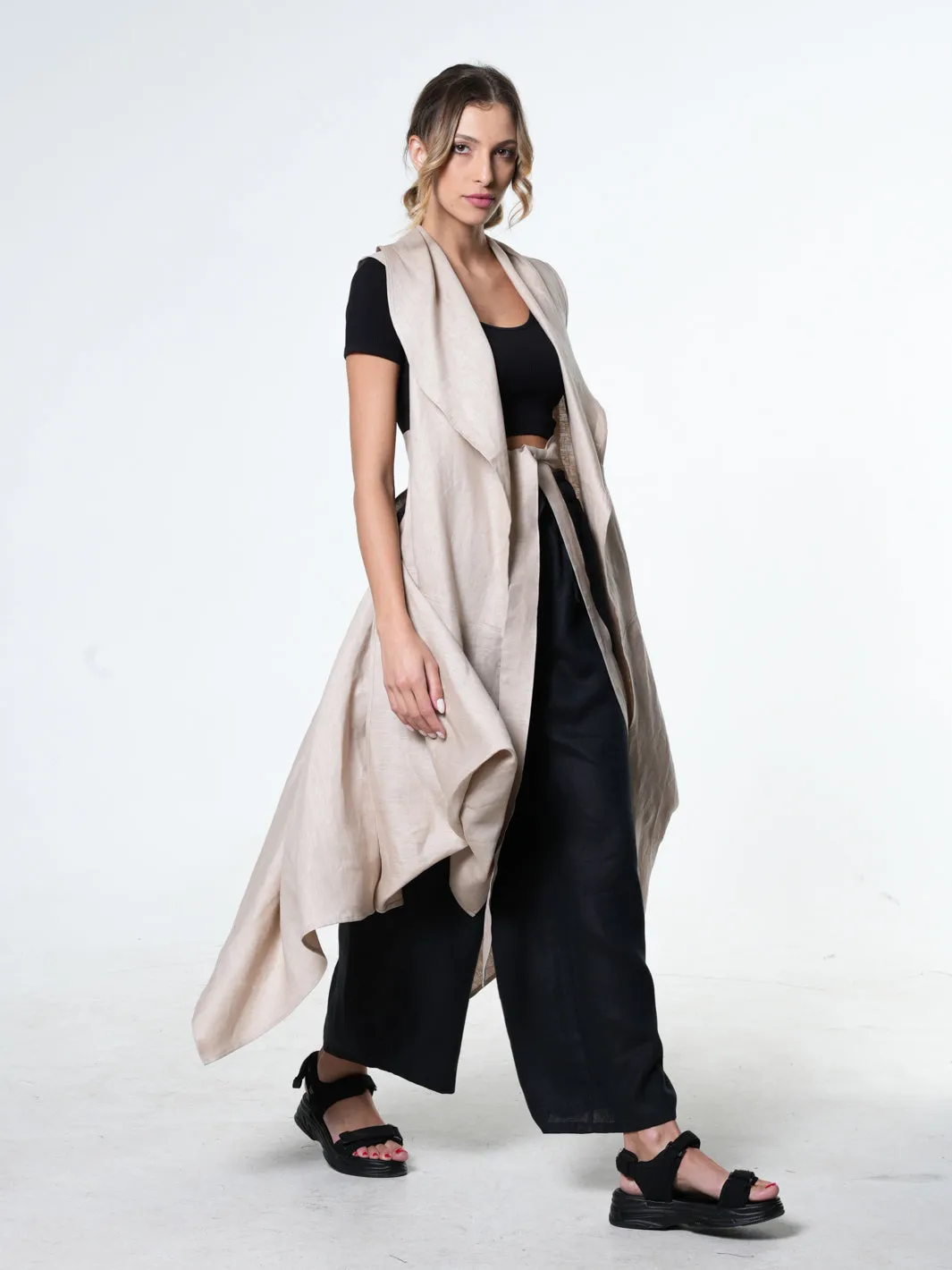 Loose Long Linen Vest In Beige