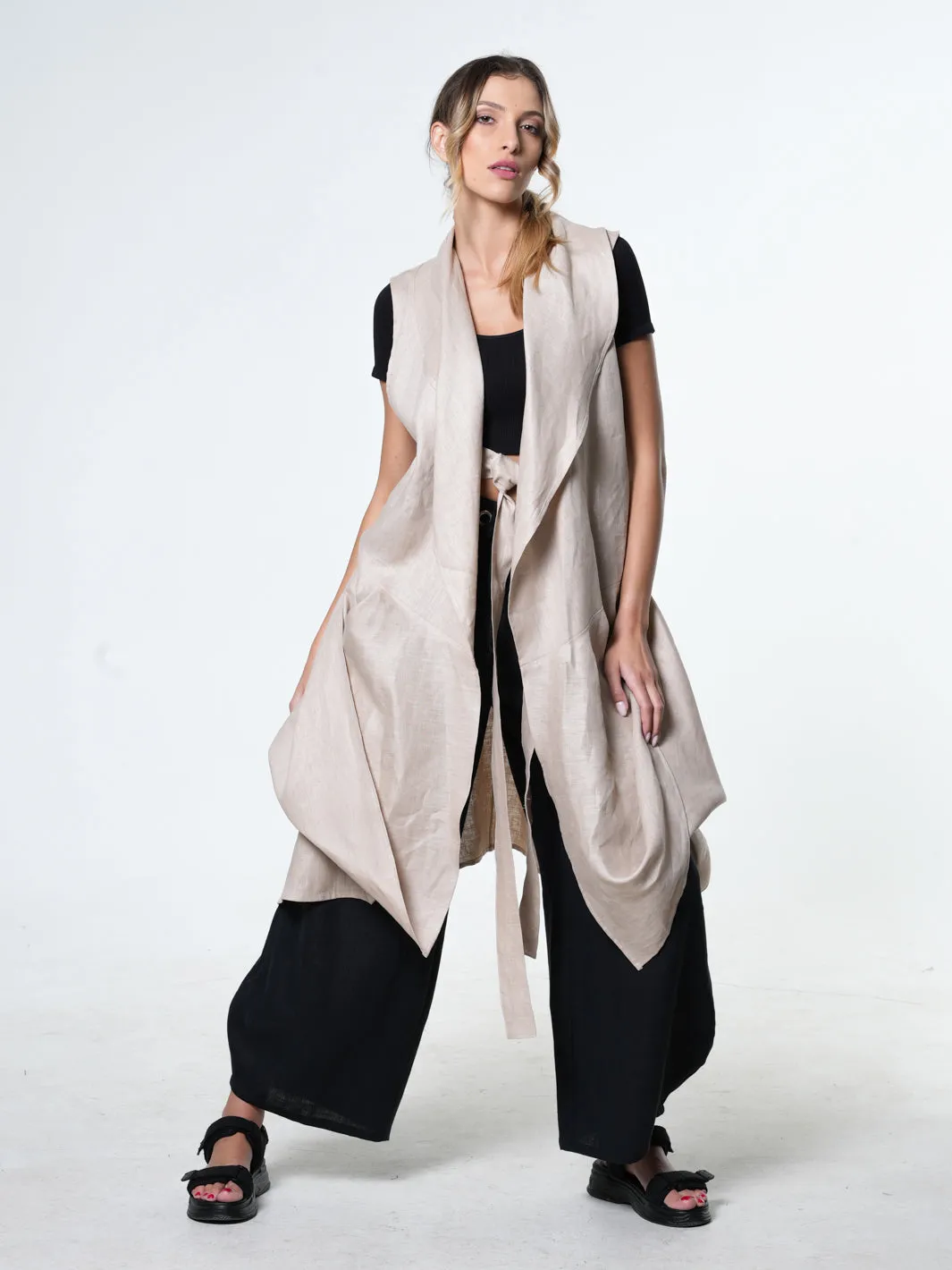 Loose Long Linen Vest In Beige