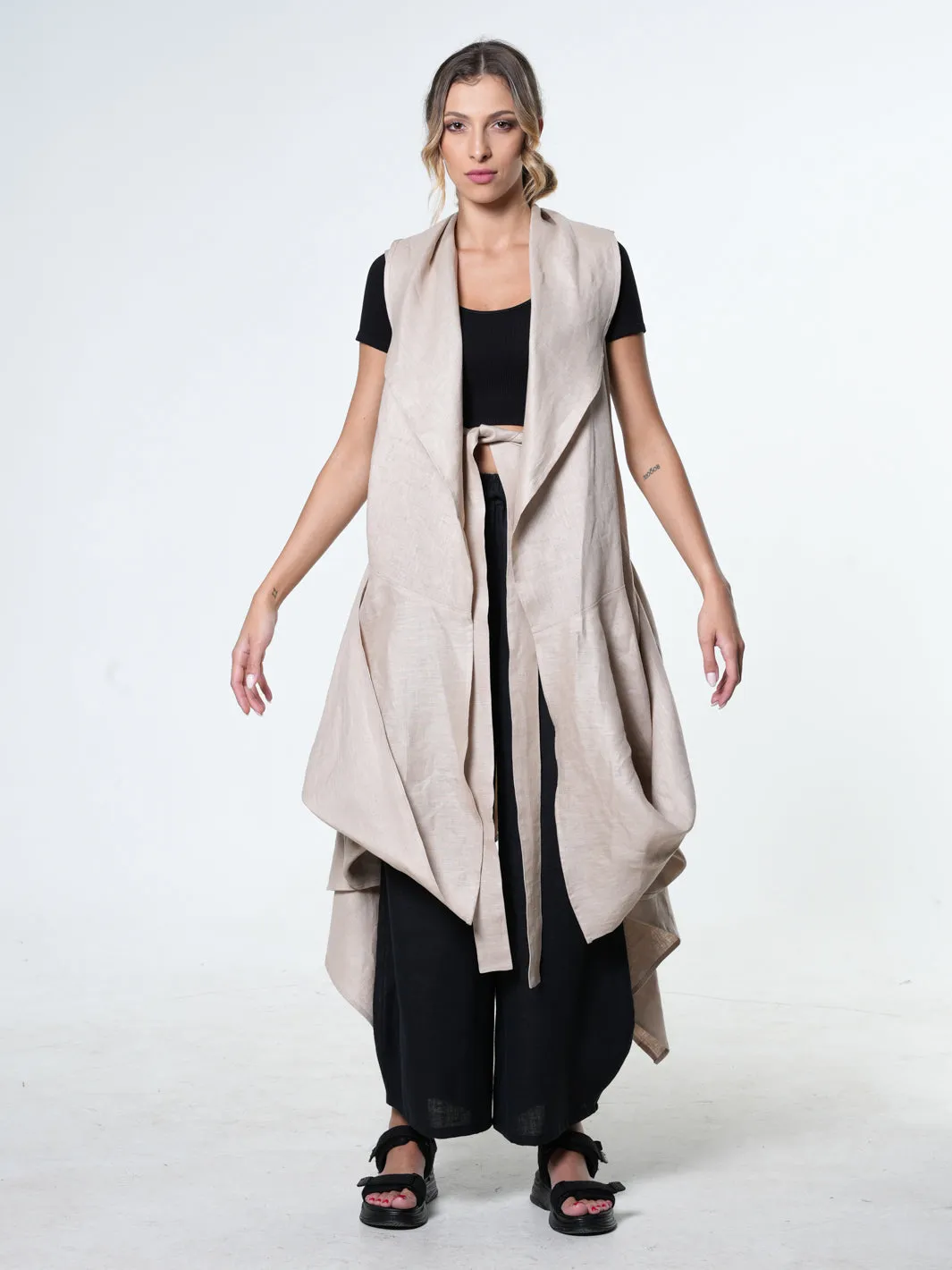 Loose Long Linen Vest In Beige