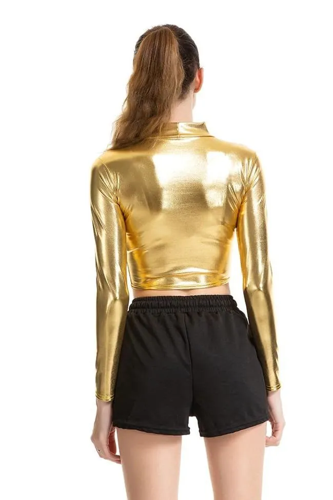 Metallic Long Sleeve Punk Rave Crop Top-gold