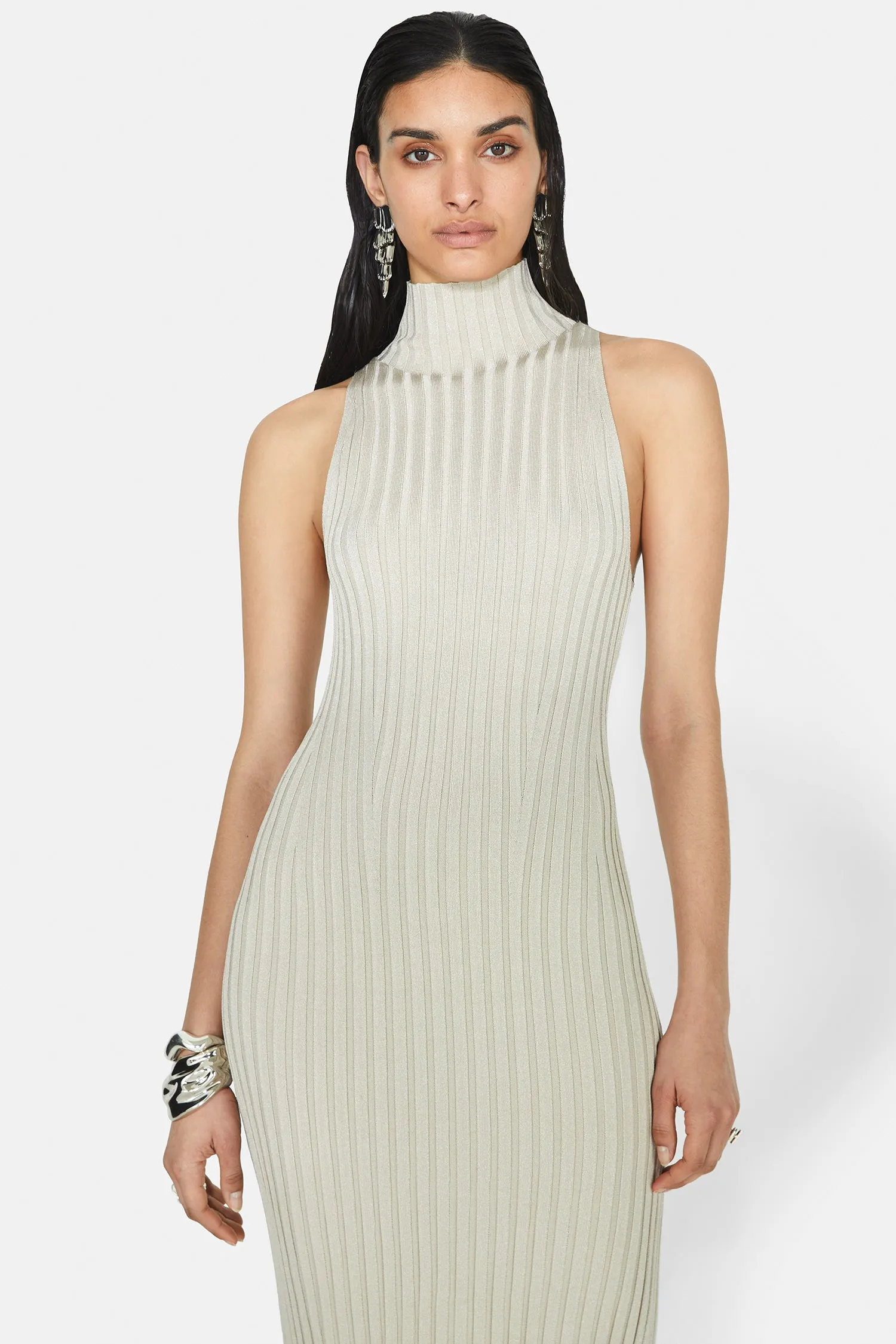 Metallic Rhea Turtleneck Dress - Oyster