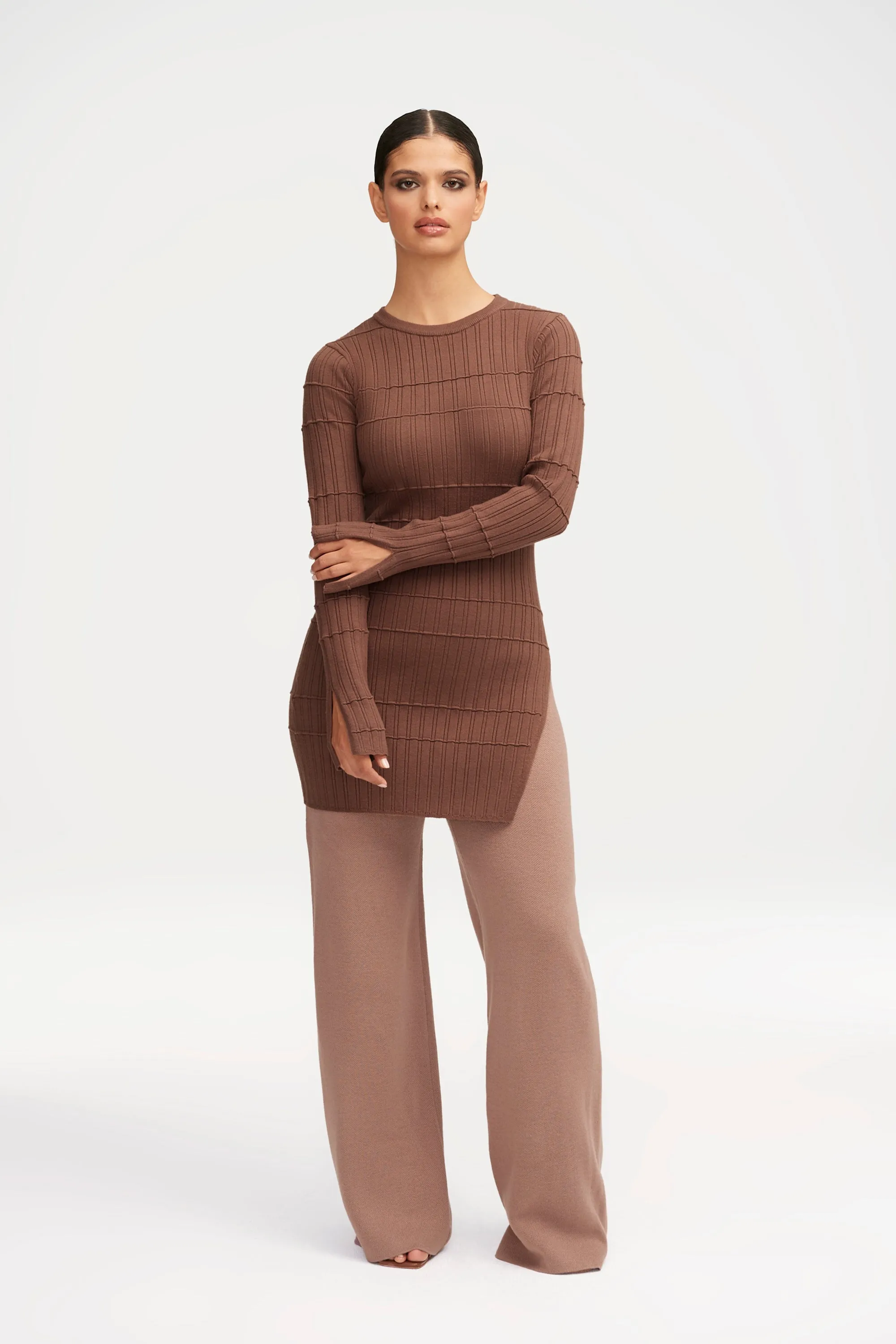 Milano Ribbed Knit Split Hem Top - Brown